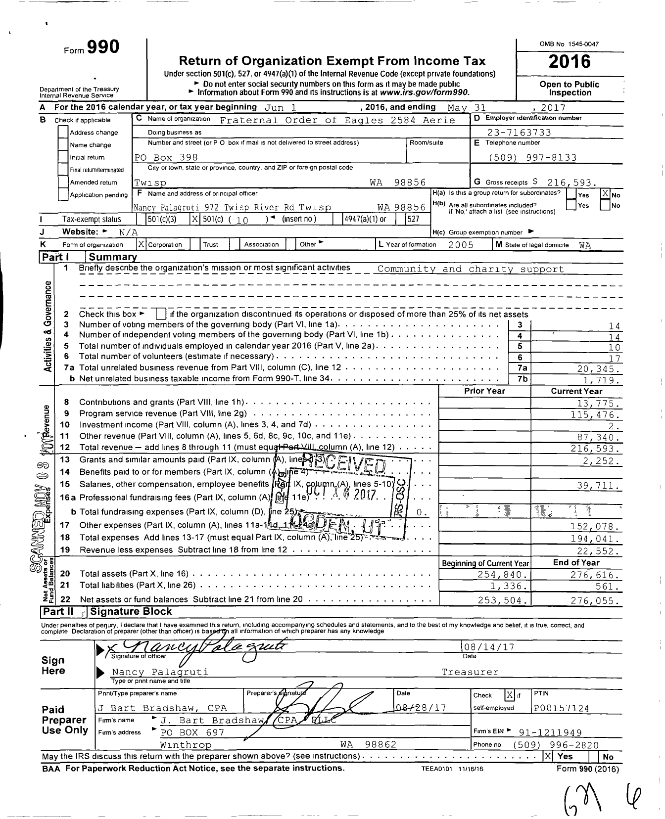 Image of first page of 2016 Form 990O for Fraternal Order of Eagles 2584 Aerie