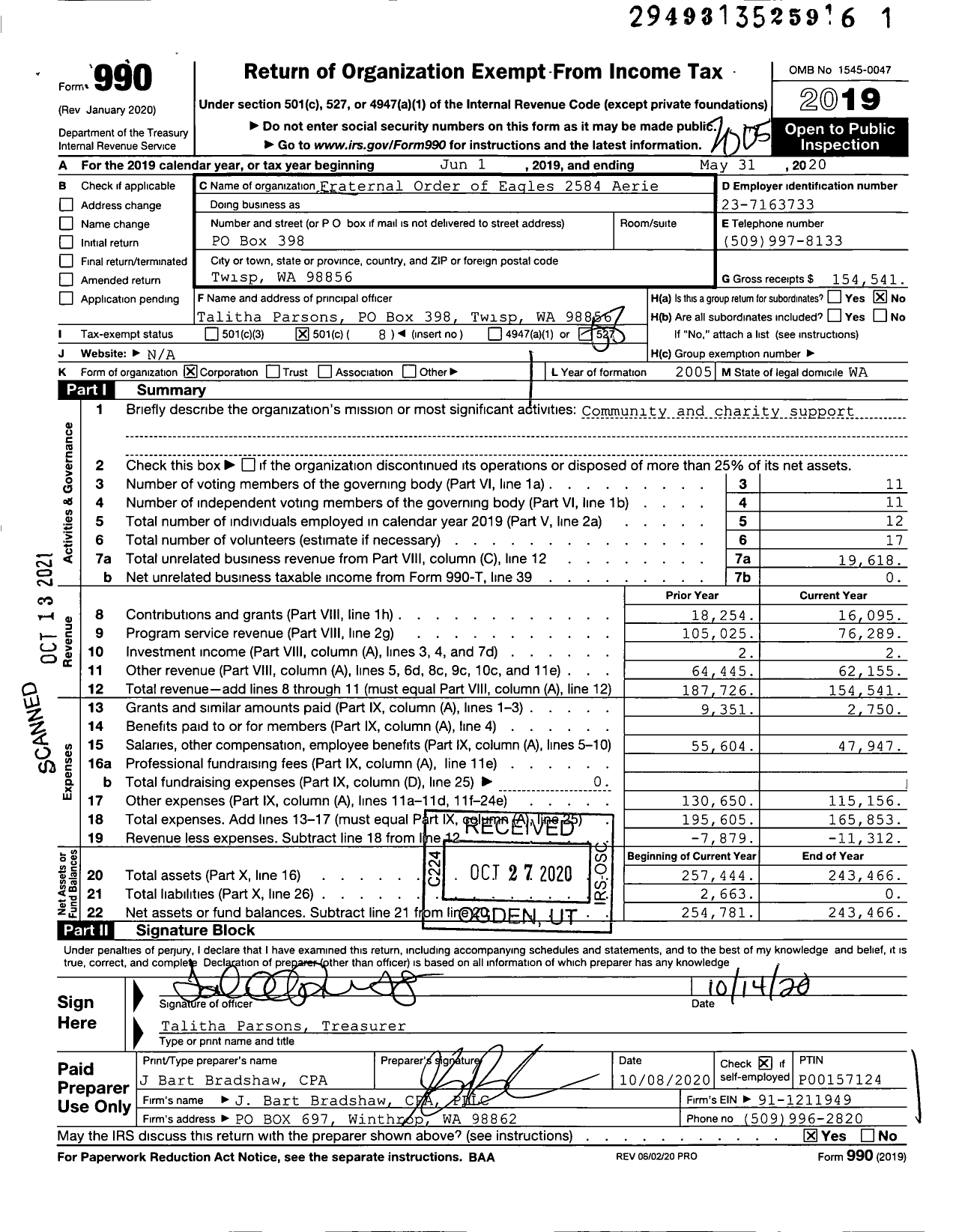 Image of first page of 2019 Form 990O for Fraternal Order of Eagles 2584 Aerie