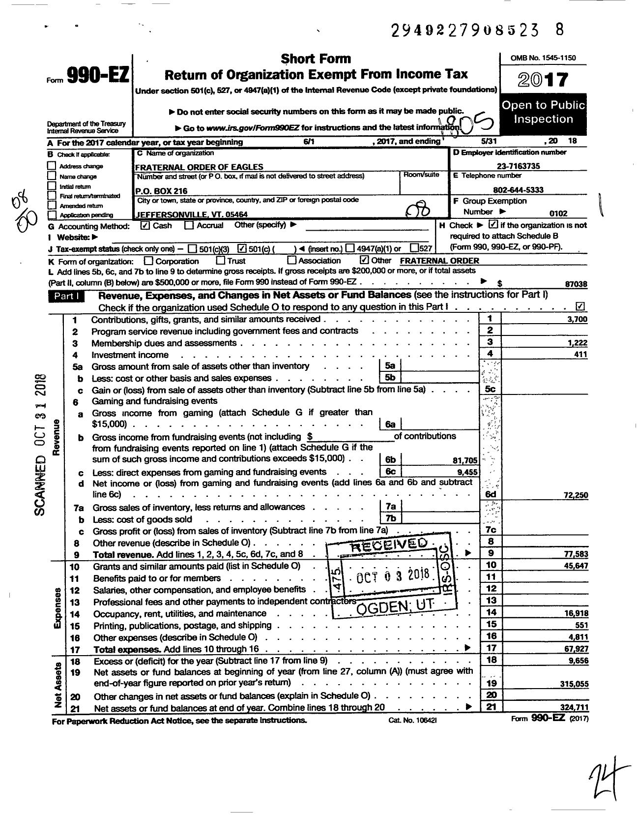 Image of first page of 2017 Form 990EO for Fraternal Order of Eagles - 3210 Aerie