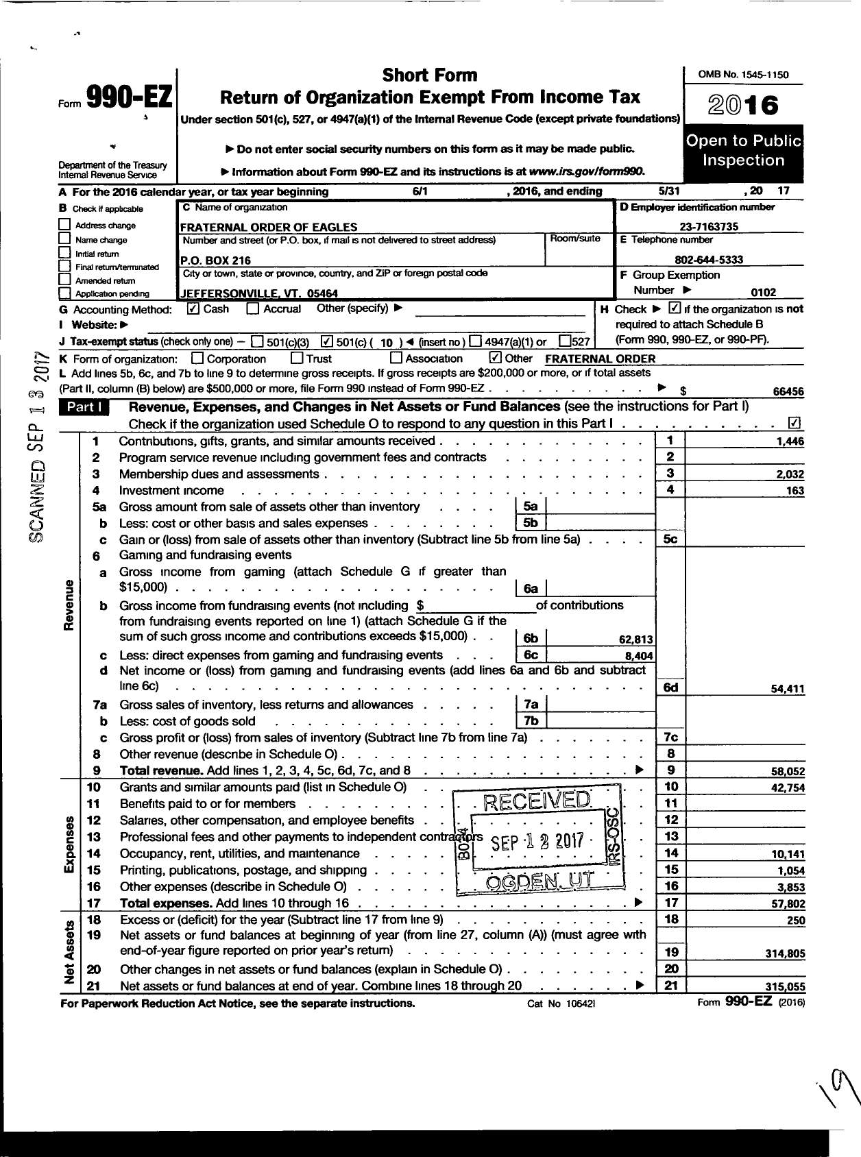 Image of first page of 2016 Form 990EO for Fraternal Order of Eagles - 3210 Aerie