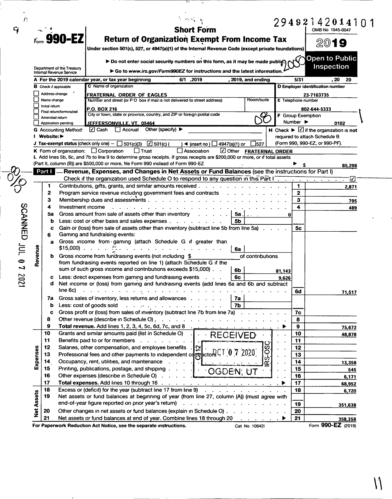 Image of first page of 2019 Form 990EO for Fraternal Order of Eagles - 3210 Aerie