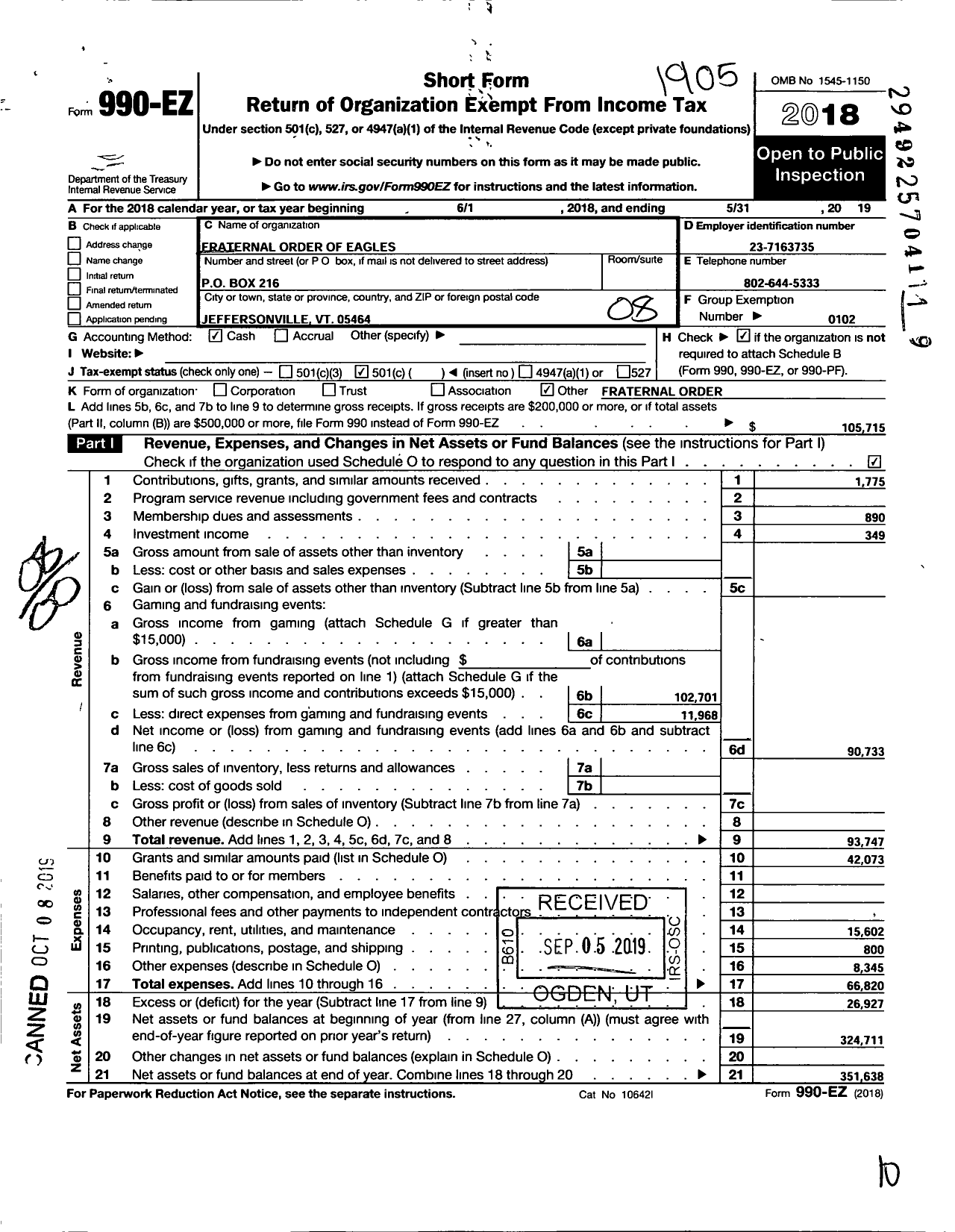 Image of first page of 2018 Form 990EO for Fraternal Order of Eagles - 3210 Aerie