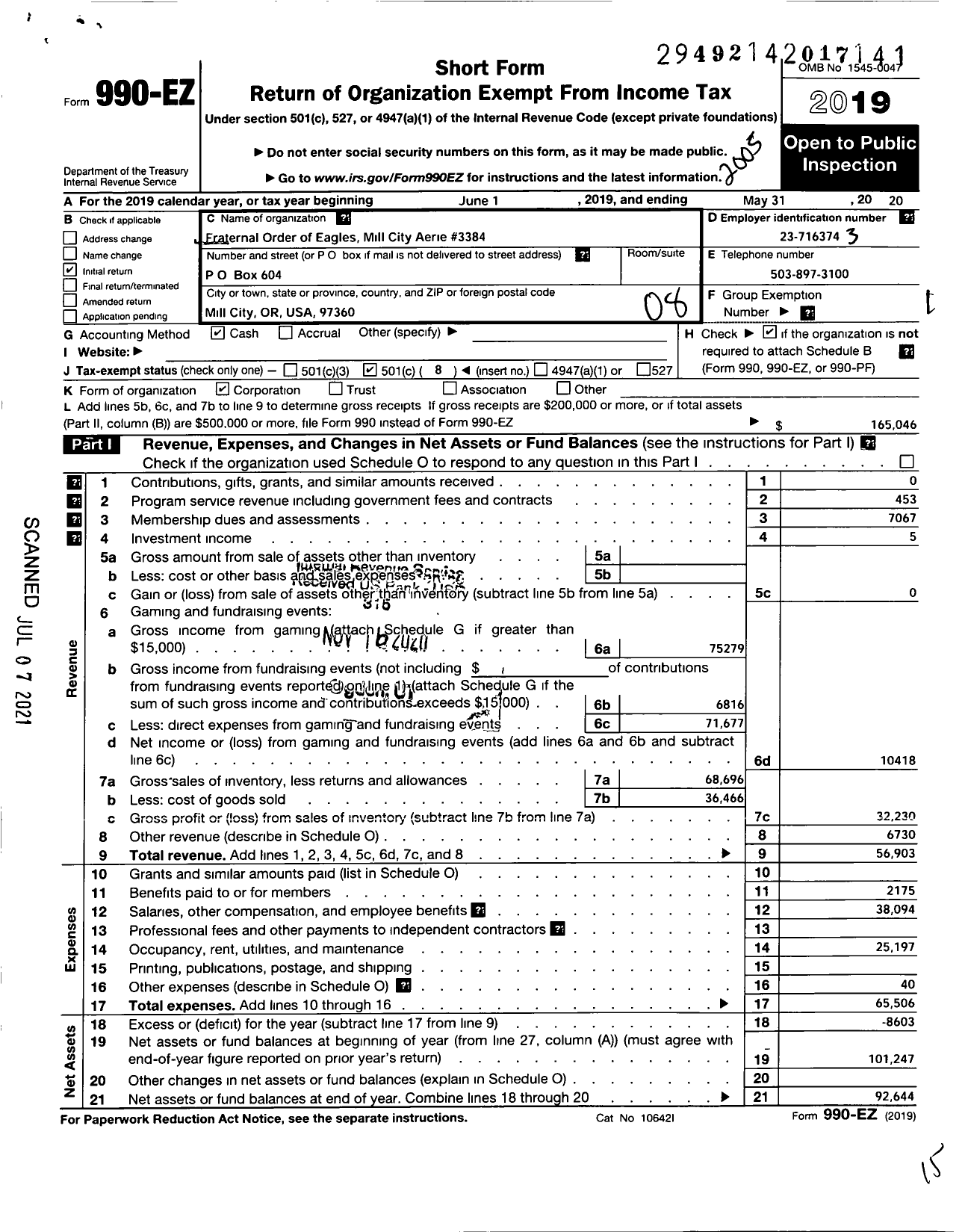 Image of first page of 2019 Form 990EO for Fraternal Order of Eagles - 3384 Aerie