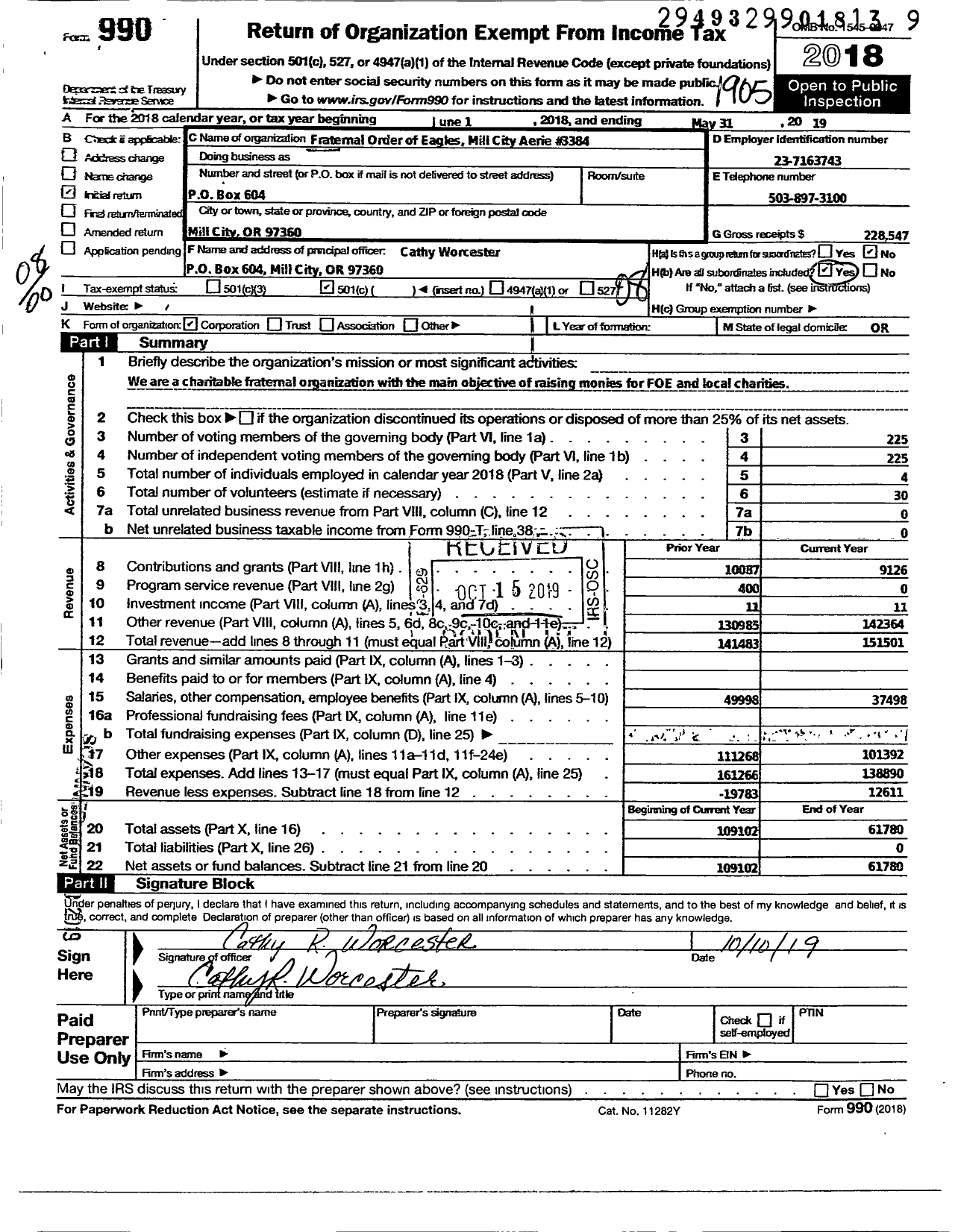 Image of first page of 2018 Form 990O for Fraternal Order of Eagles - 3384 Aerie