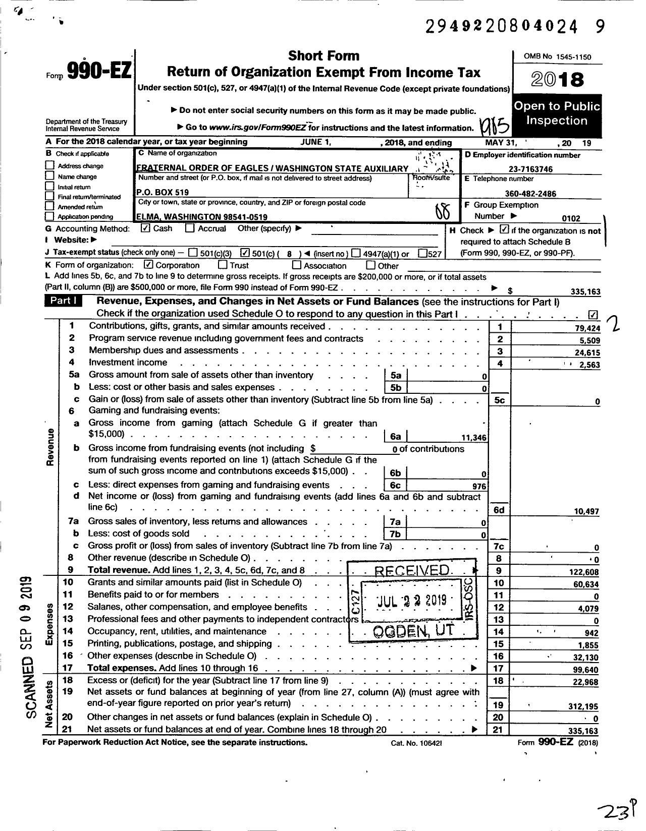 Image of first page of 2018 Form 990EO for FRATERNAL ORDER OF EAGLES - Washington State Auxiliary