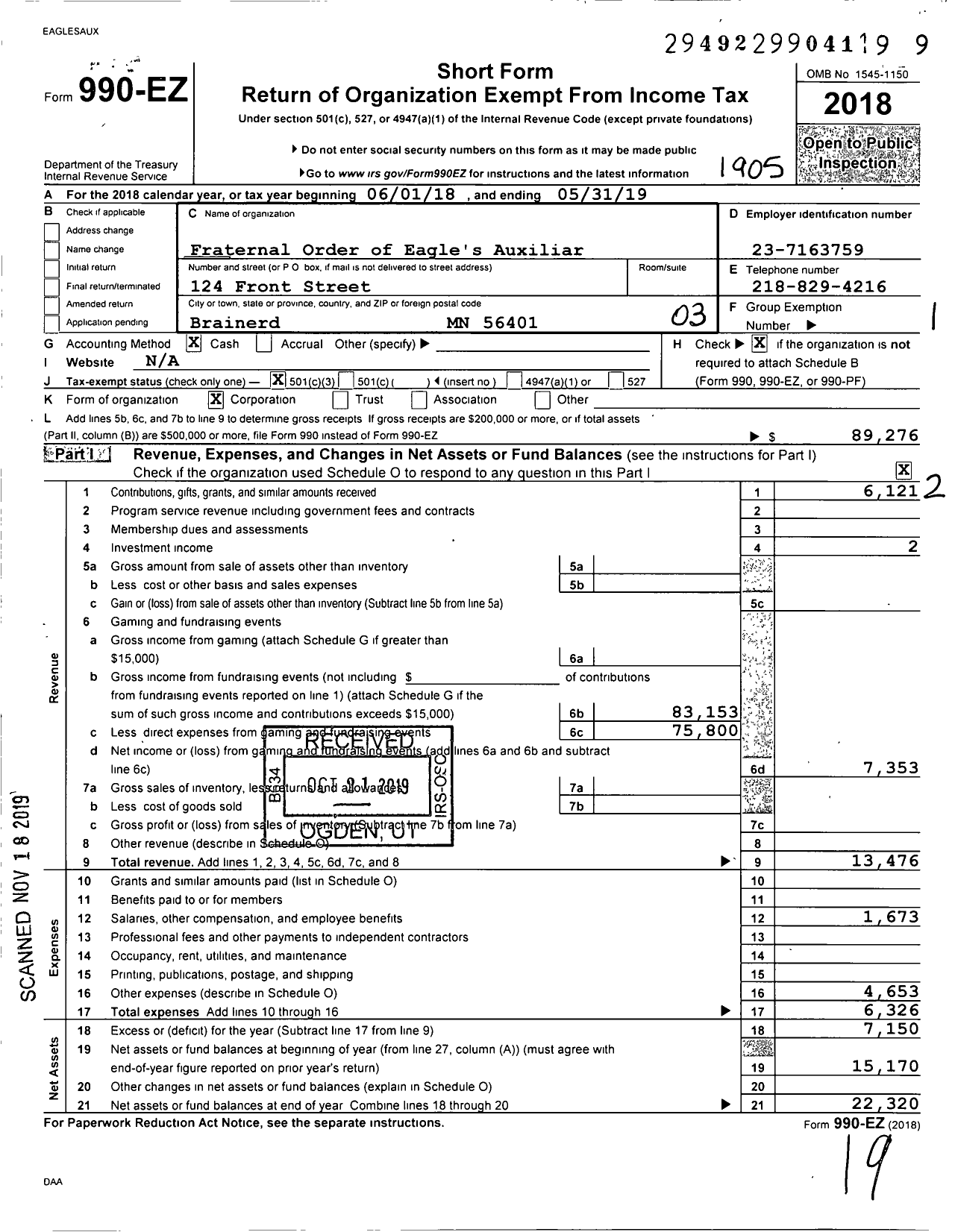 Image of first page of 2018 Form 990EZ for Fraternal Order of Eagles - 287 Aux