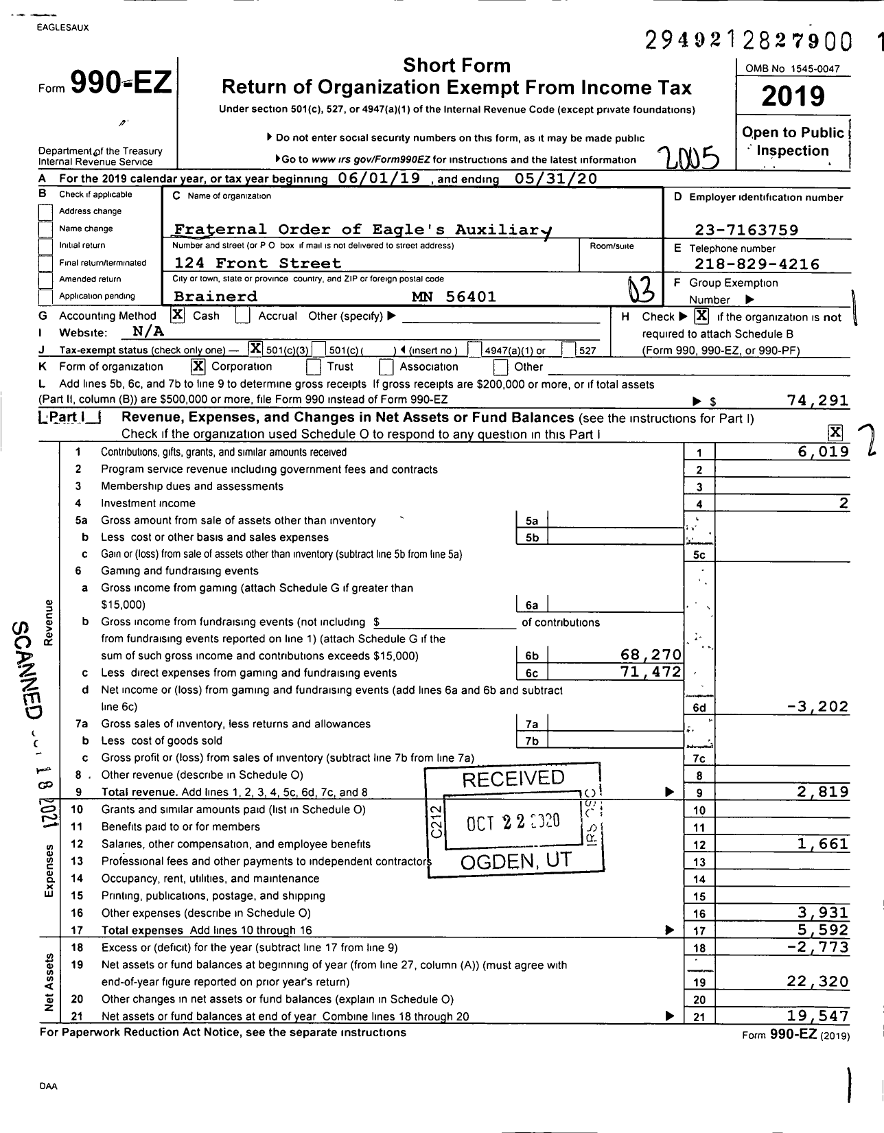 Image of first page of 2019 Form 990EZ for Fraternal Order of Eagles - 287 Aux