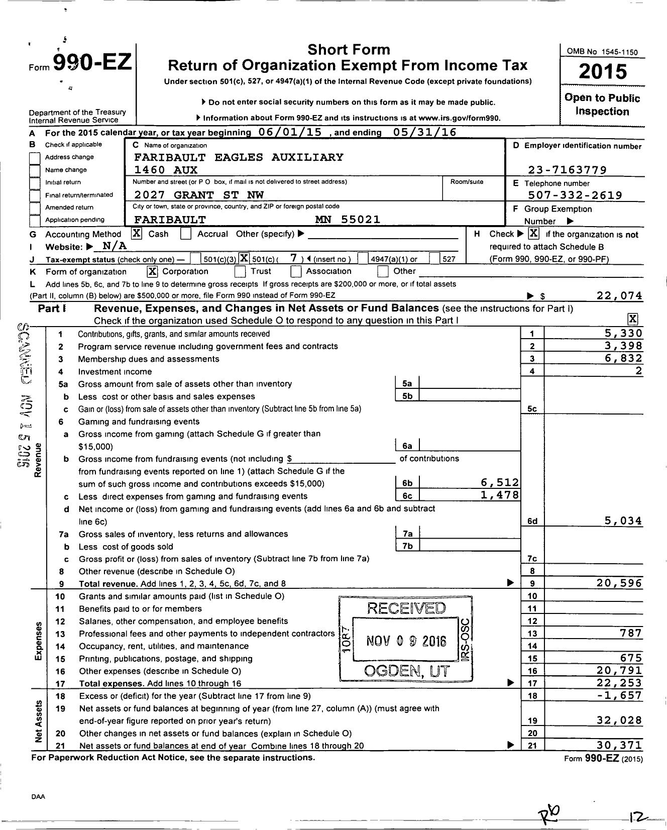 Image of first page of 2015 Form 990EO for Fraternal Order of Eagles - 1460 Aux