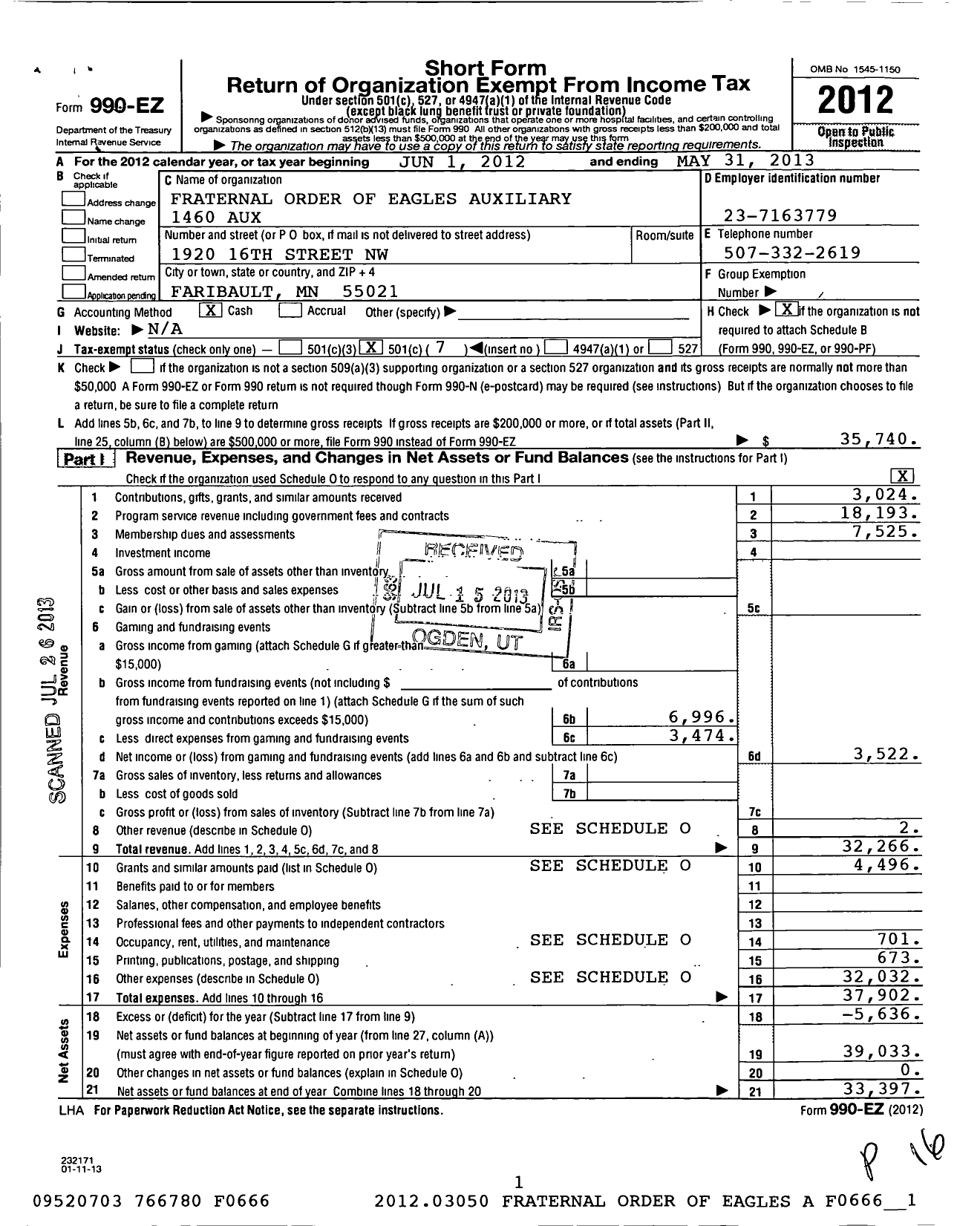 Image of first page of 2012 Form 990EO for Fraternal Order of Eagles - 1460 Aux