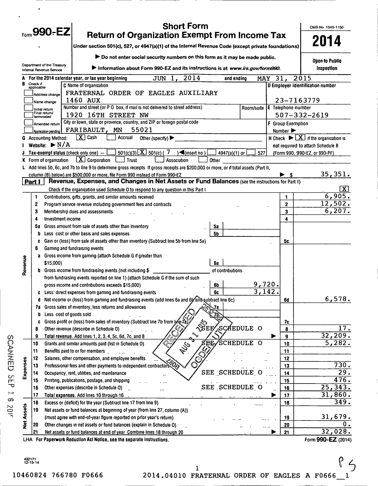 Image of first page of 2014 Form 990EO for Fraternal Order of Eagles - 1460 Aux