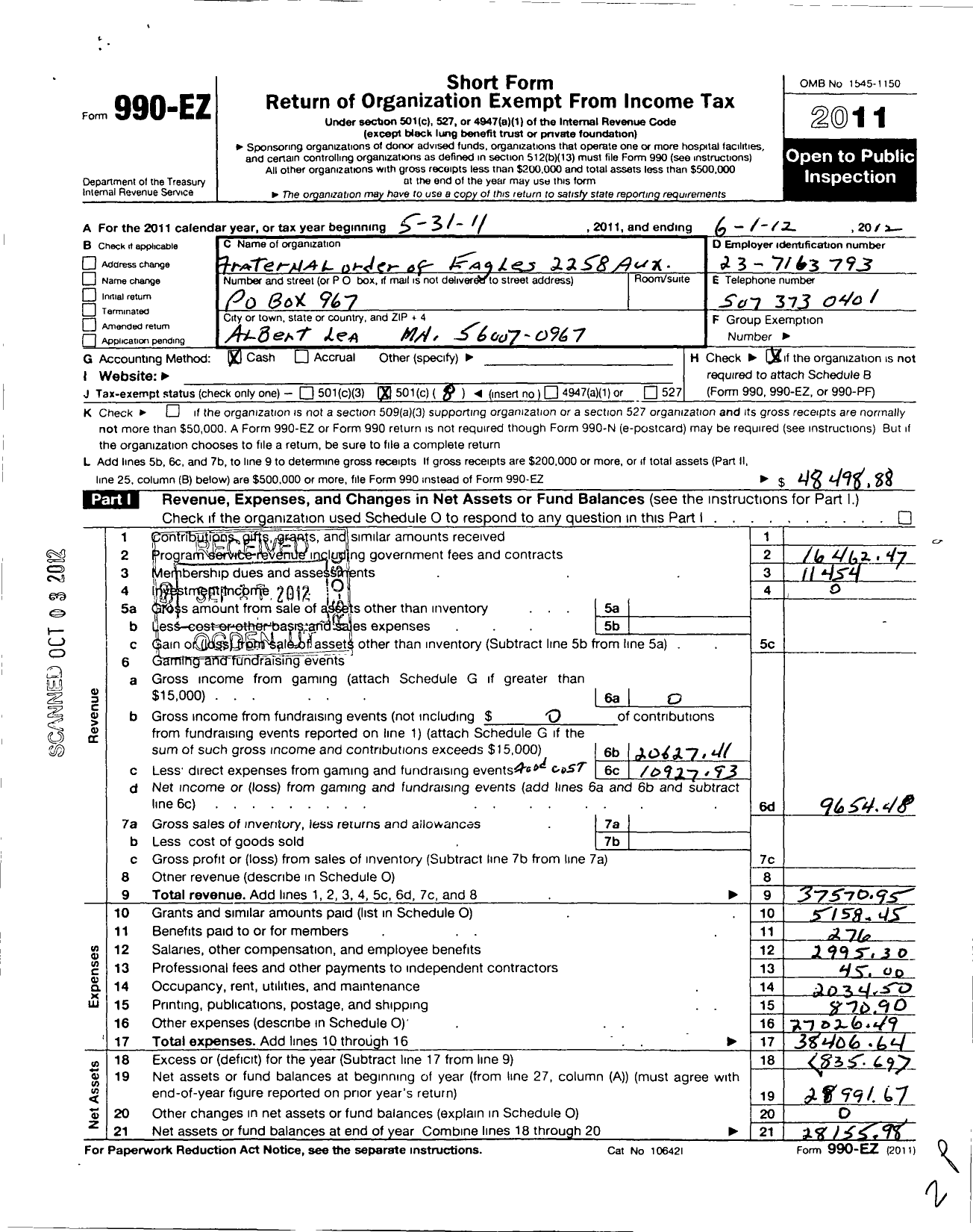 Image of first page of 2011 Form 990EO for Fraternal Order of Eagles - 2258 Aux