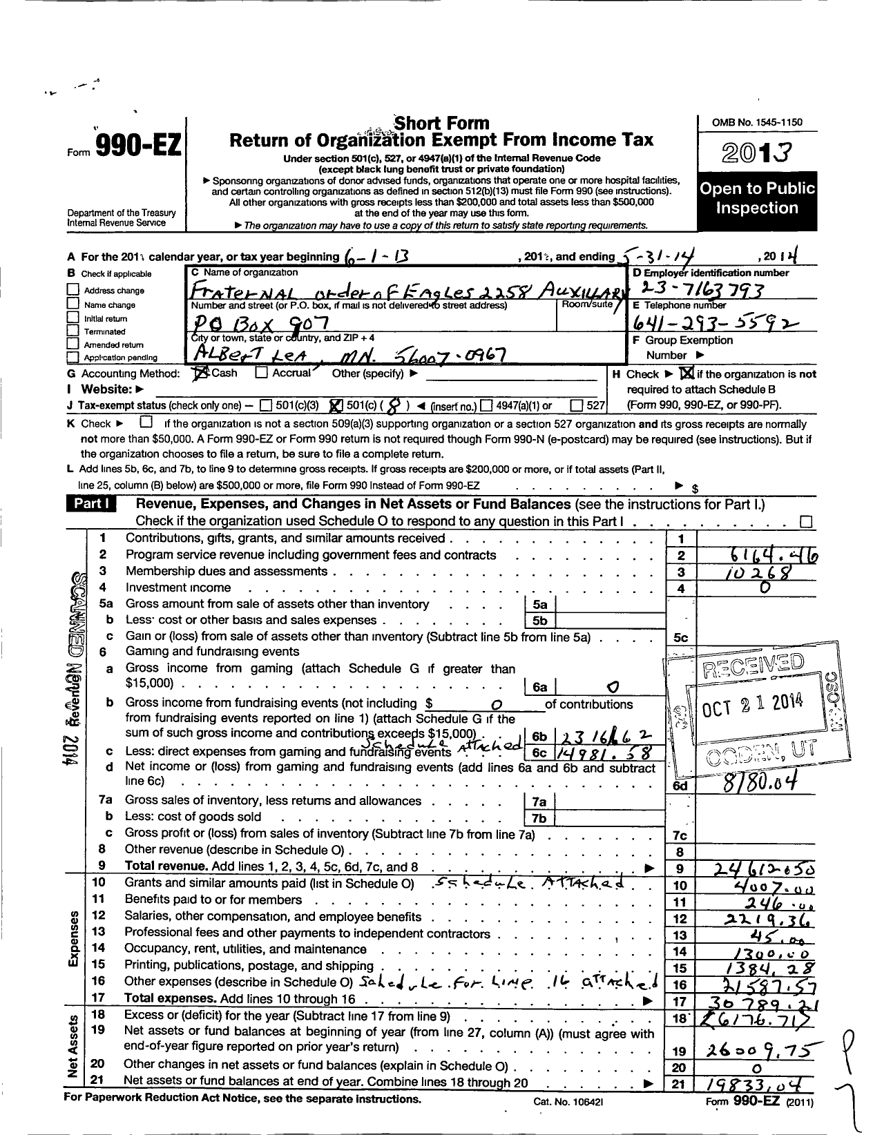 Image of first page of 2013 Form 990EO for Fraternal Order of Eagles - 2258 Aux