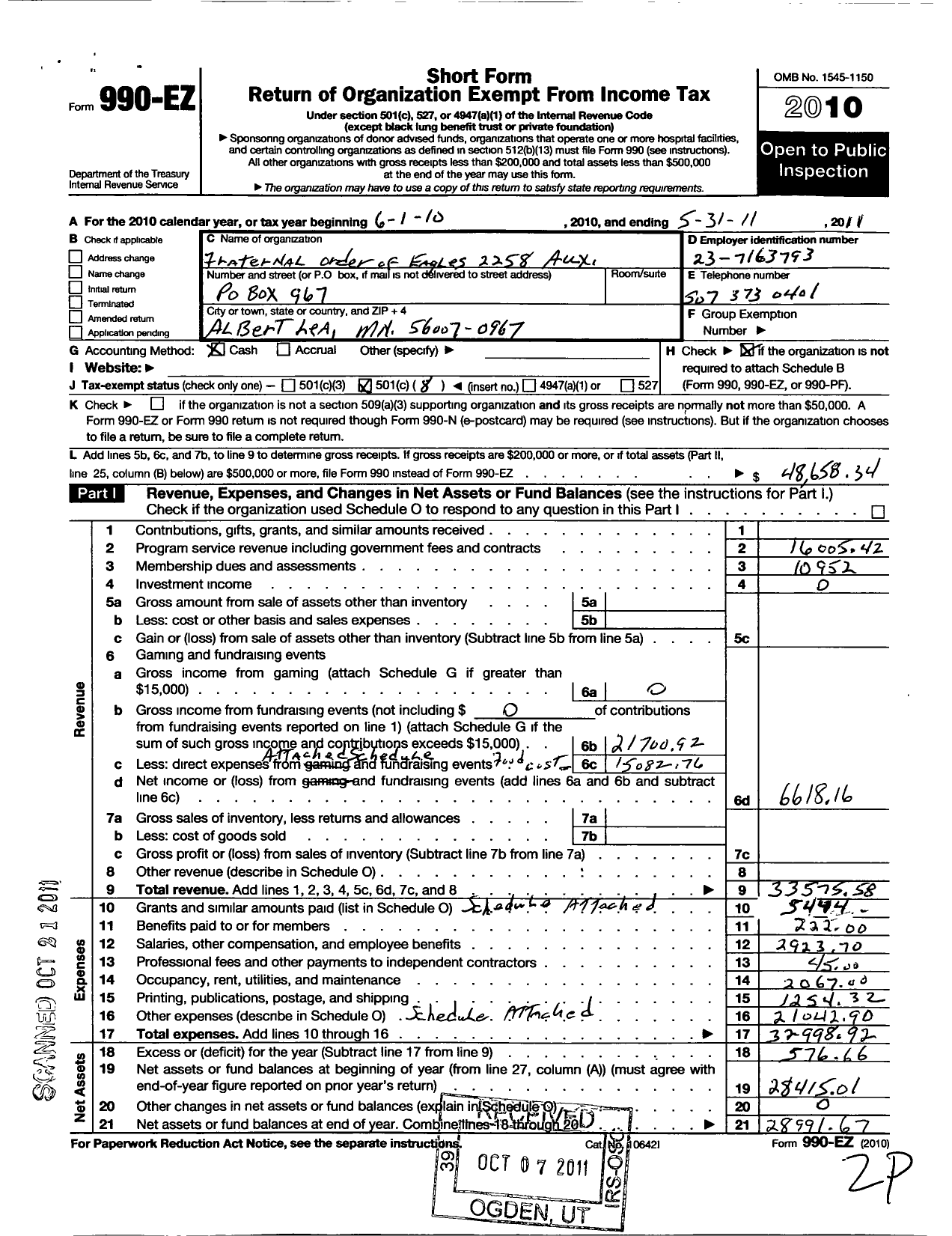 Image of first page of 2010 Form 990EO for Fraternal Order of Eagles - 2258 Aux