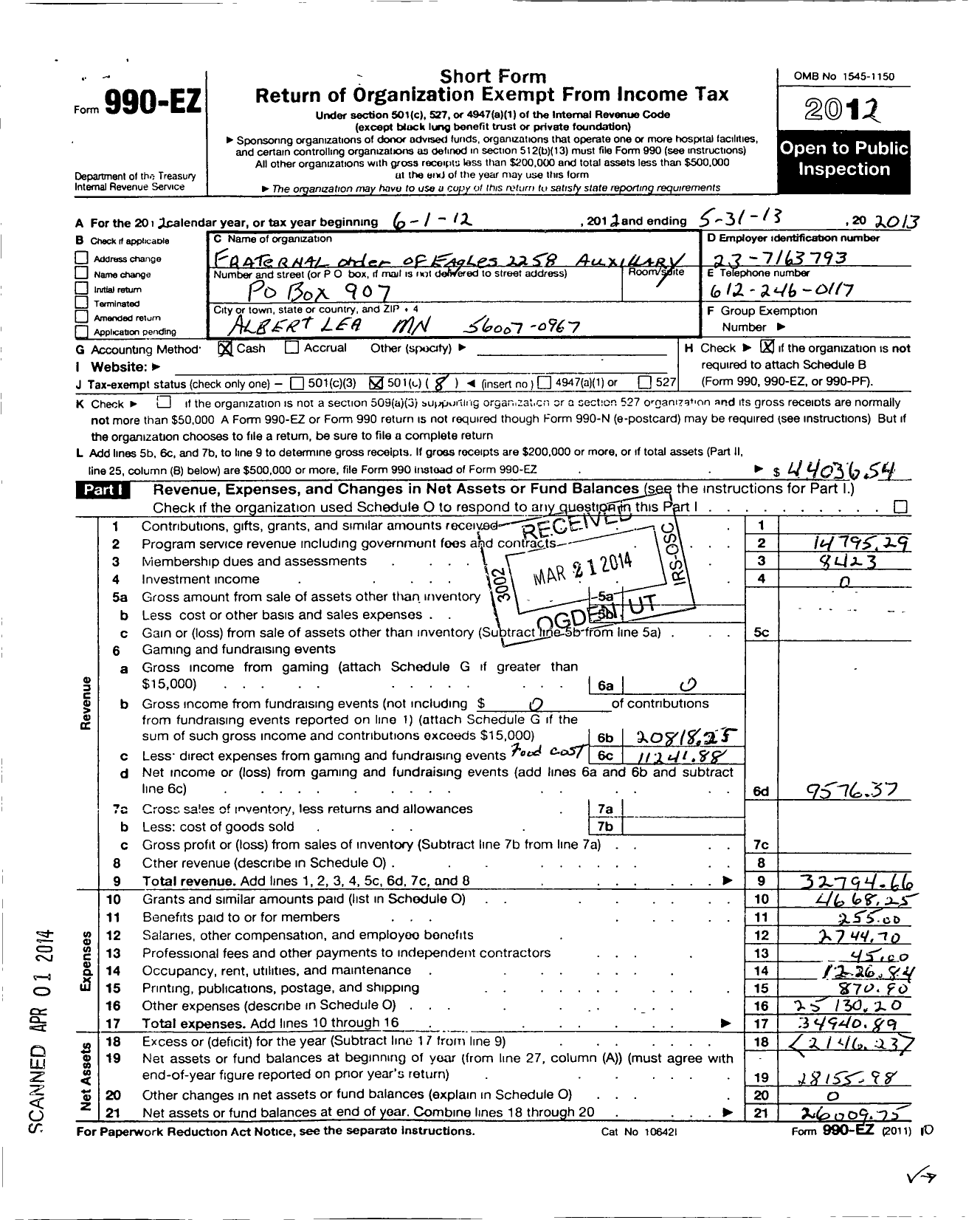 Image of first page of 2012 Form 990EO for Fraternal Order of Eagles - 2258 Aux