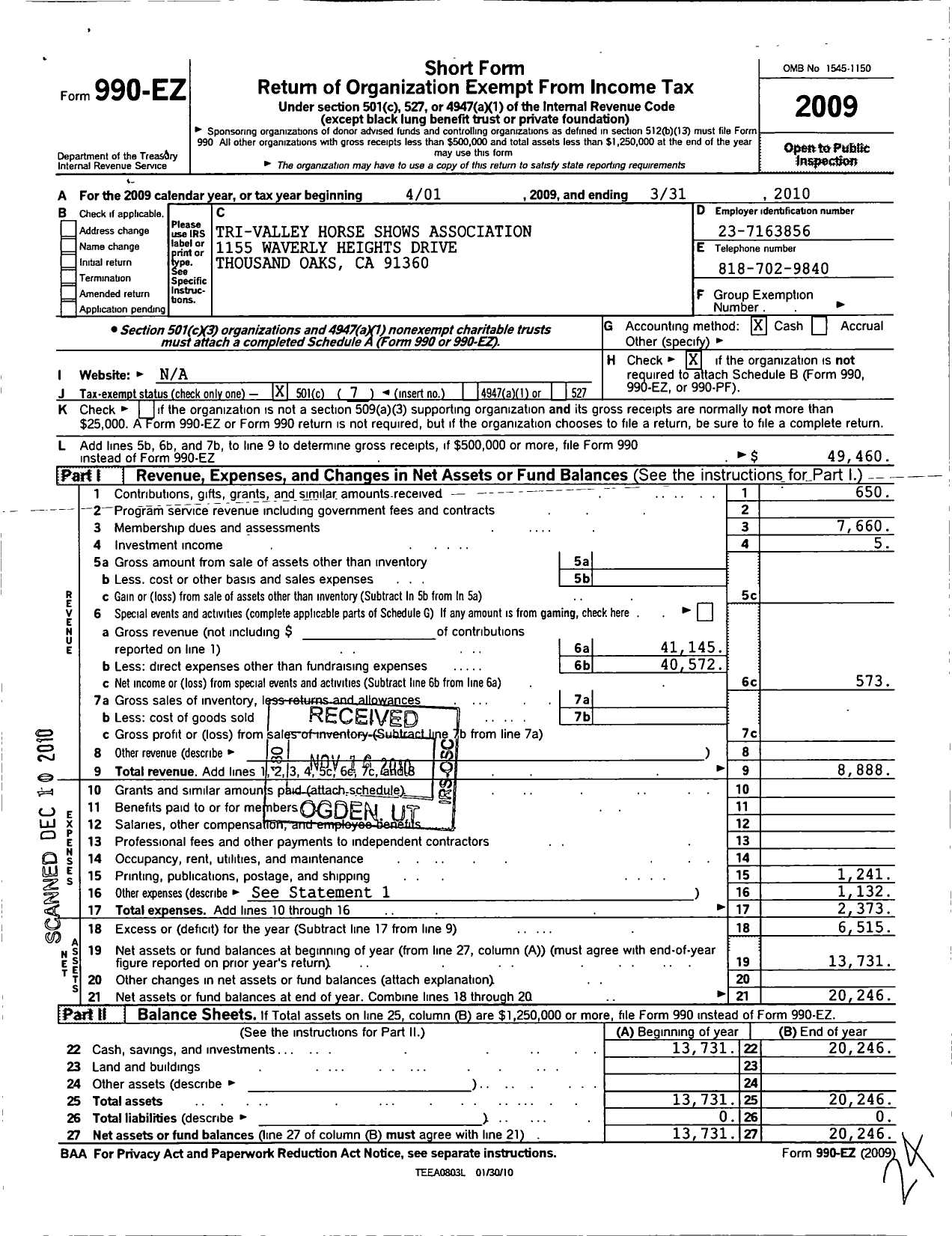 Image of first page of 2009 Form 990EO for Tri-Valley Horse Shows Association