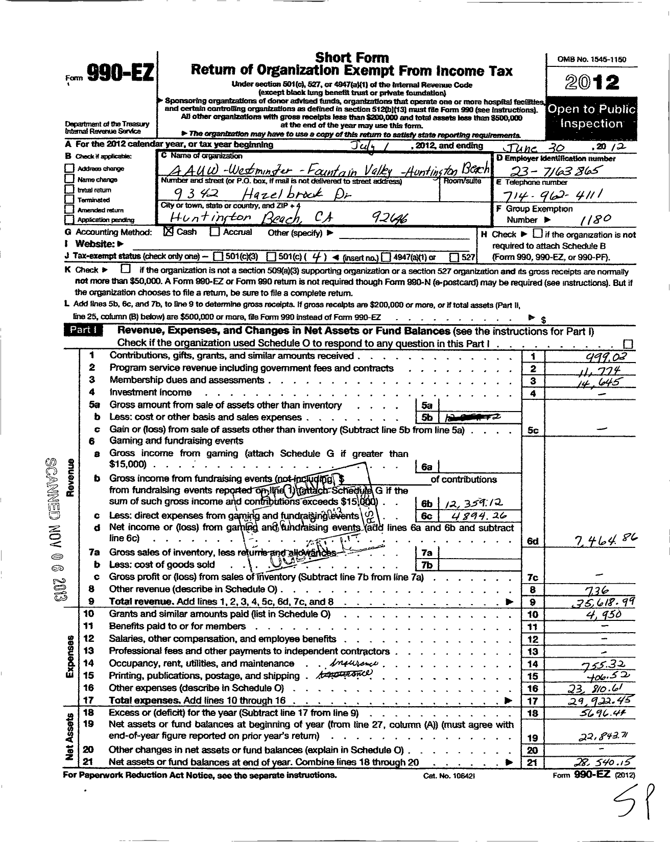 Image of first page of 2011 Form 990EO for American Association of University Women / Westminster-Fountain Valley