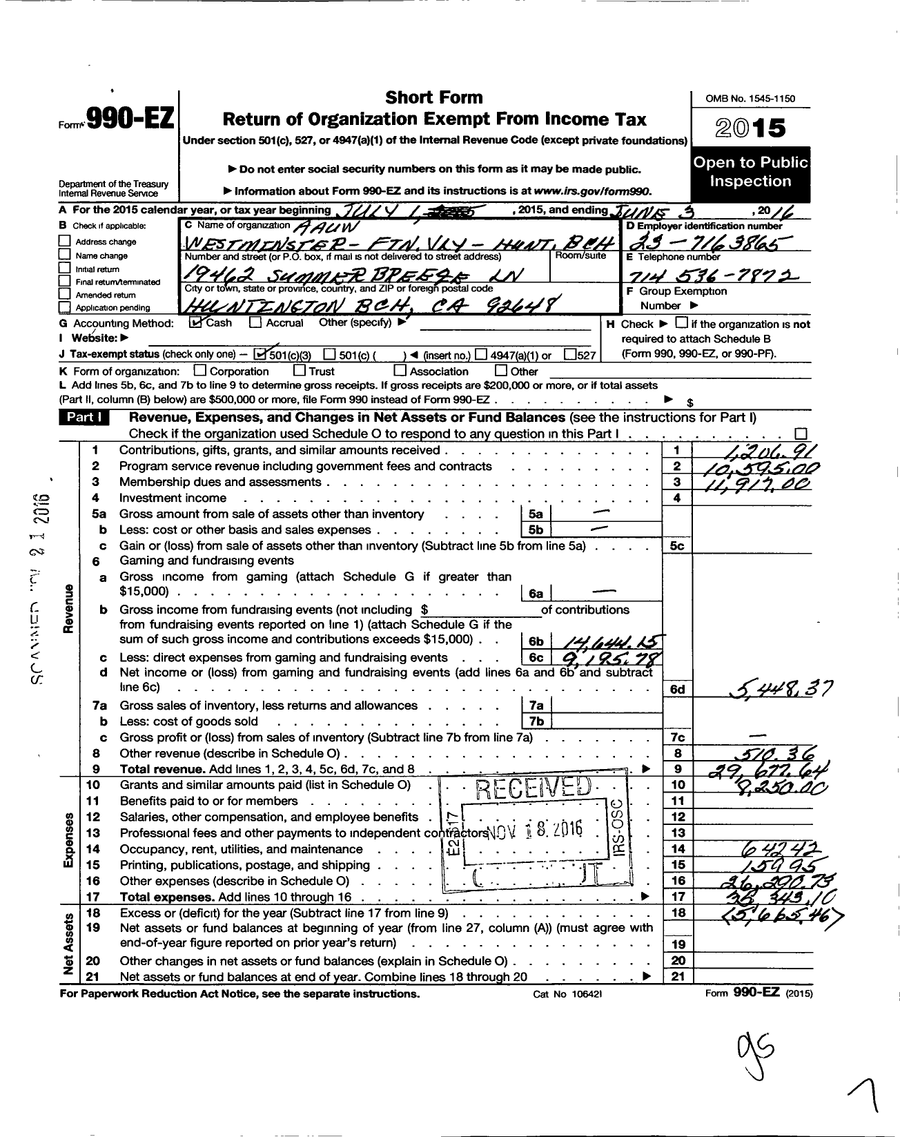 Image of first page of 2015 Form 990EZ for American Association of University Women / Westminster-Fountain Valley