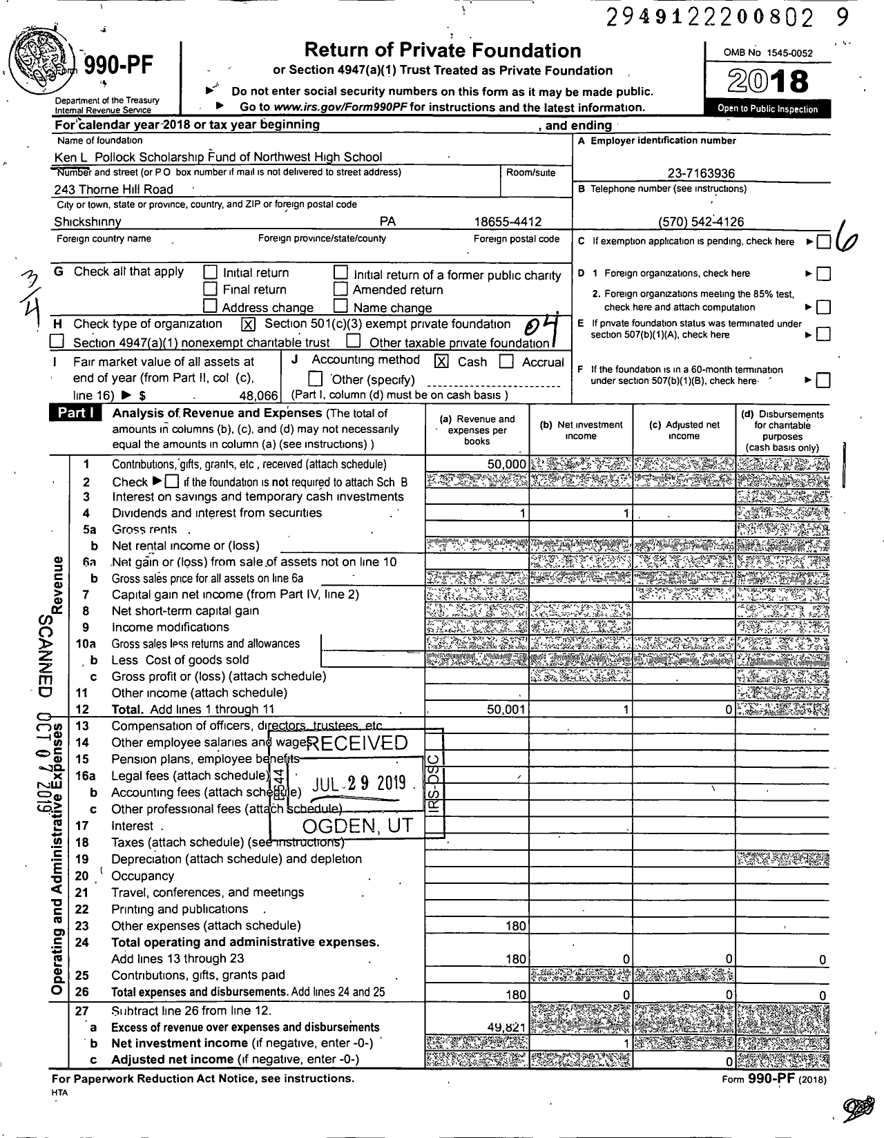 Image of first page of 2018 Form 990PF for Ken L Pollock Scholarship Fund of Northwest High School