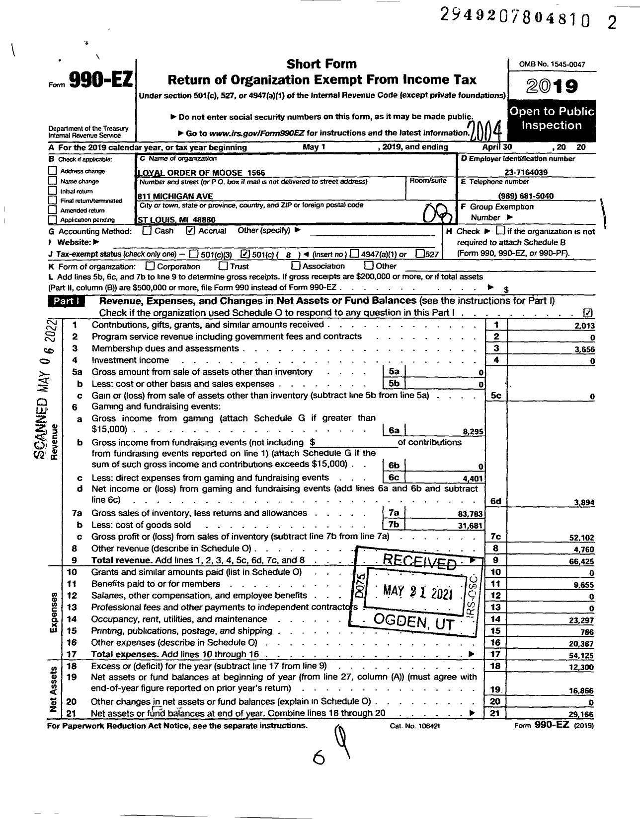 Image of first page of 2019 Form 990EO for Loyal Order of Moose - 1566