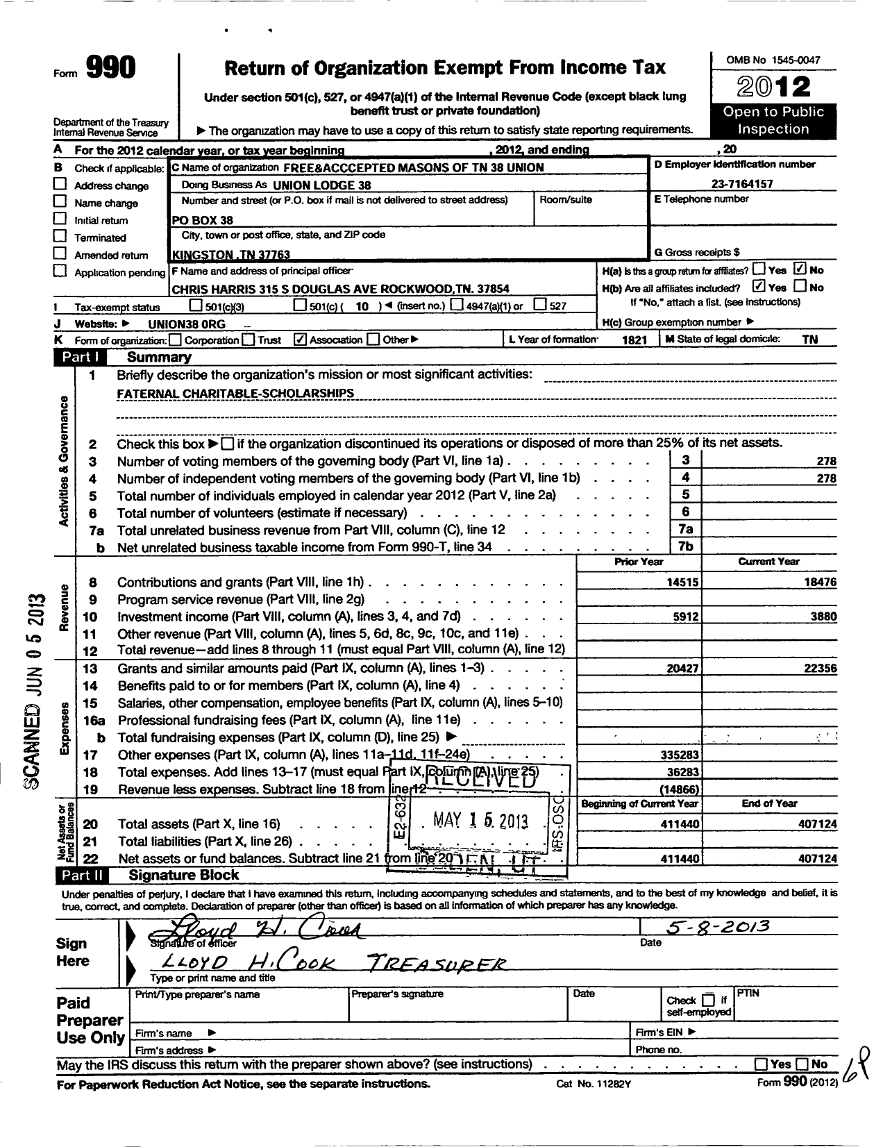 Image of first page of 2012 Form 990O for Free and Accepted Masons of Tennessee - 38 Union