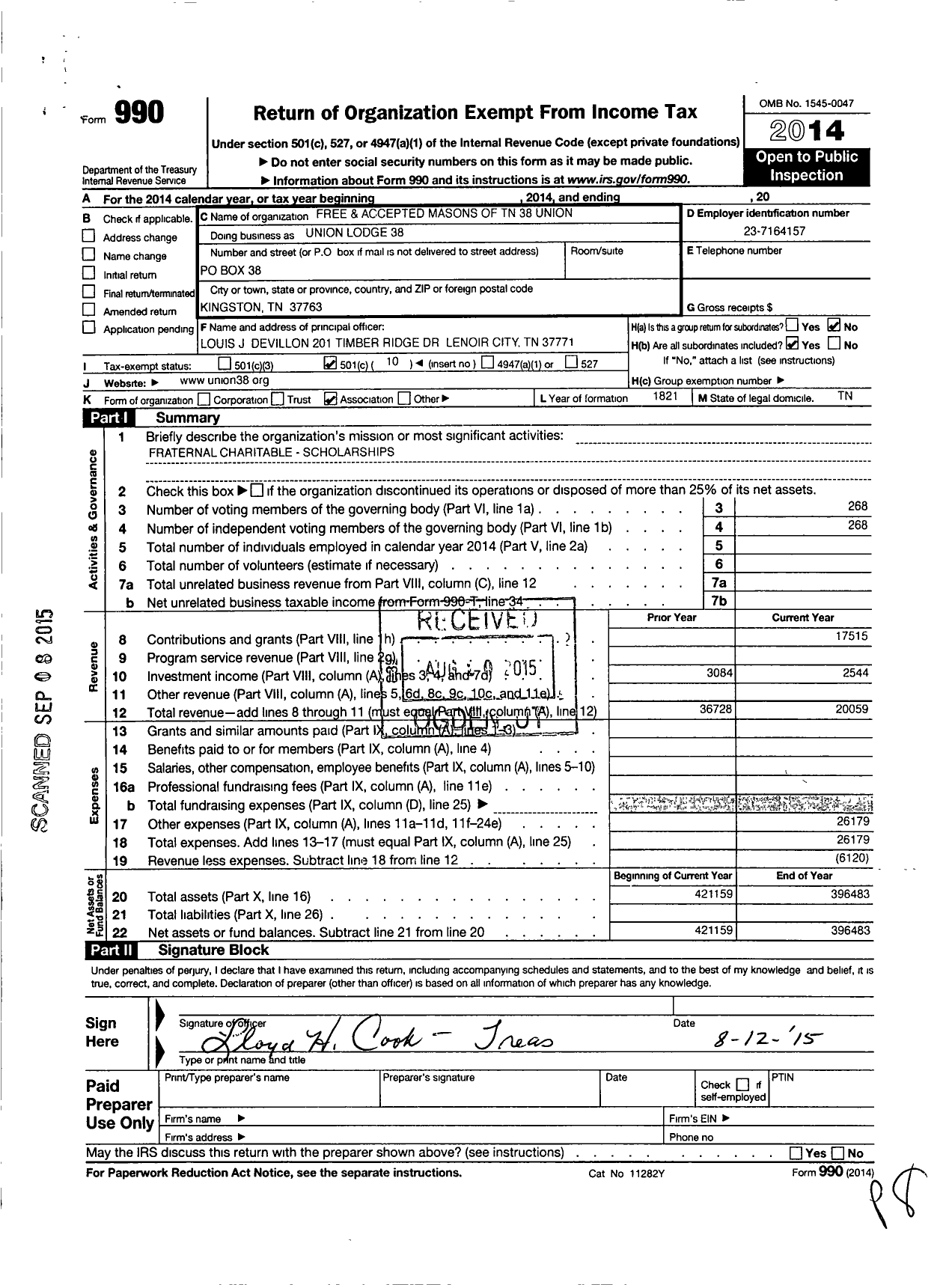 Image of first page of 2014 Form 990O for Free and Accepted Masons of Tennessee - 38 Union