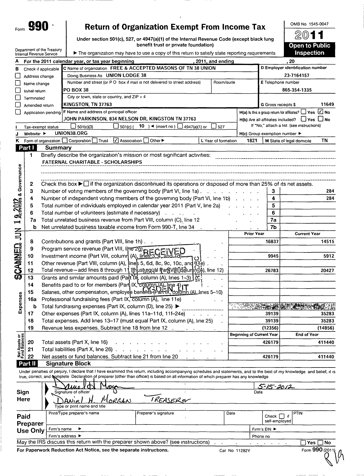 Image of first page of 2011 Form 990O for Free and Accepted Masons of Tennessee - 38 Union