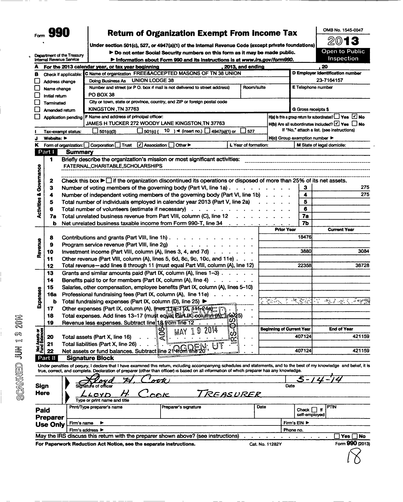 Image of first page of 2013 Form 990O for Free and Accepted Masons of Tennessee - 38 Union