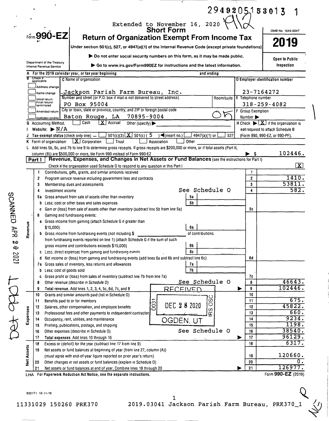 Image of first page of 2019 Form 990EO for Jackson Parish Farm Bureau