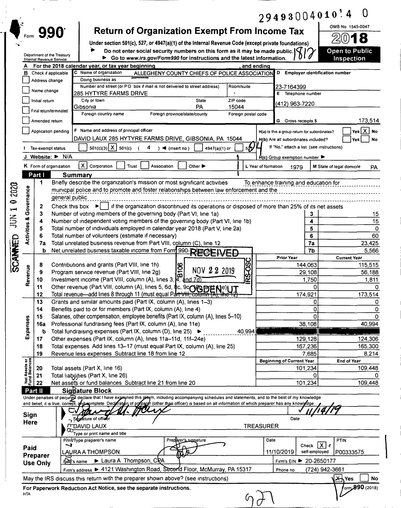 Image of first page of 2018 Form 990O for Allegheny County Chiefs of Police Association