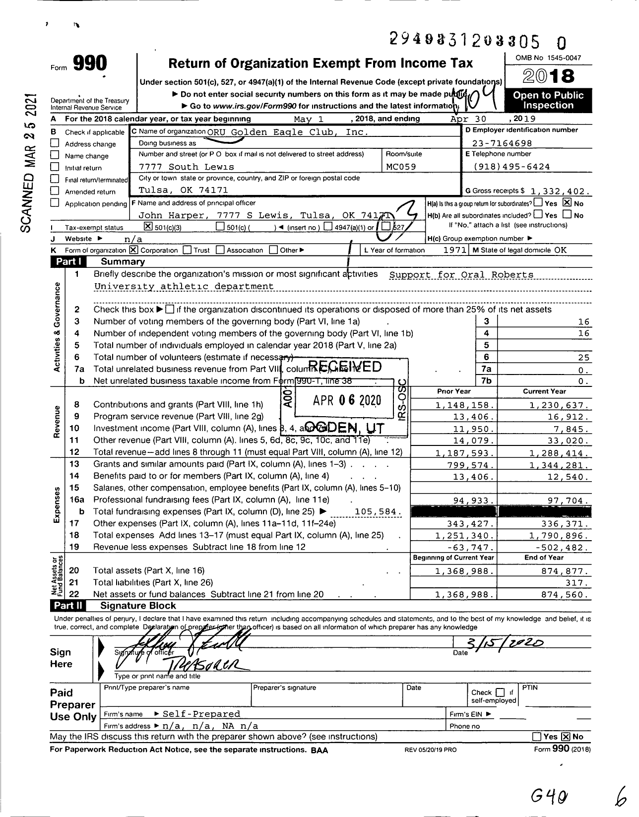 Image of first page of 2018 Form 990 for Oru R U Golden Eagle Club