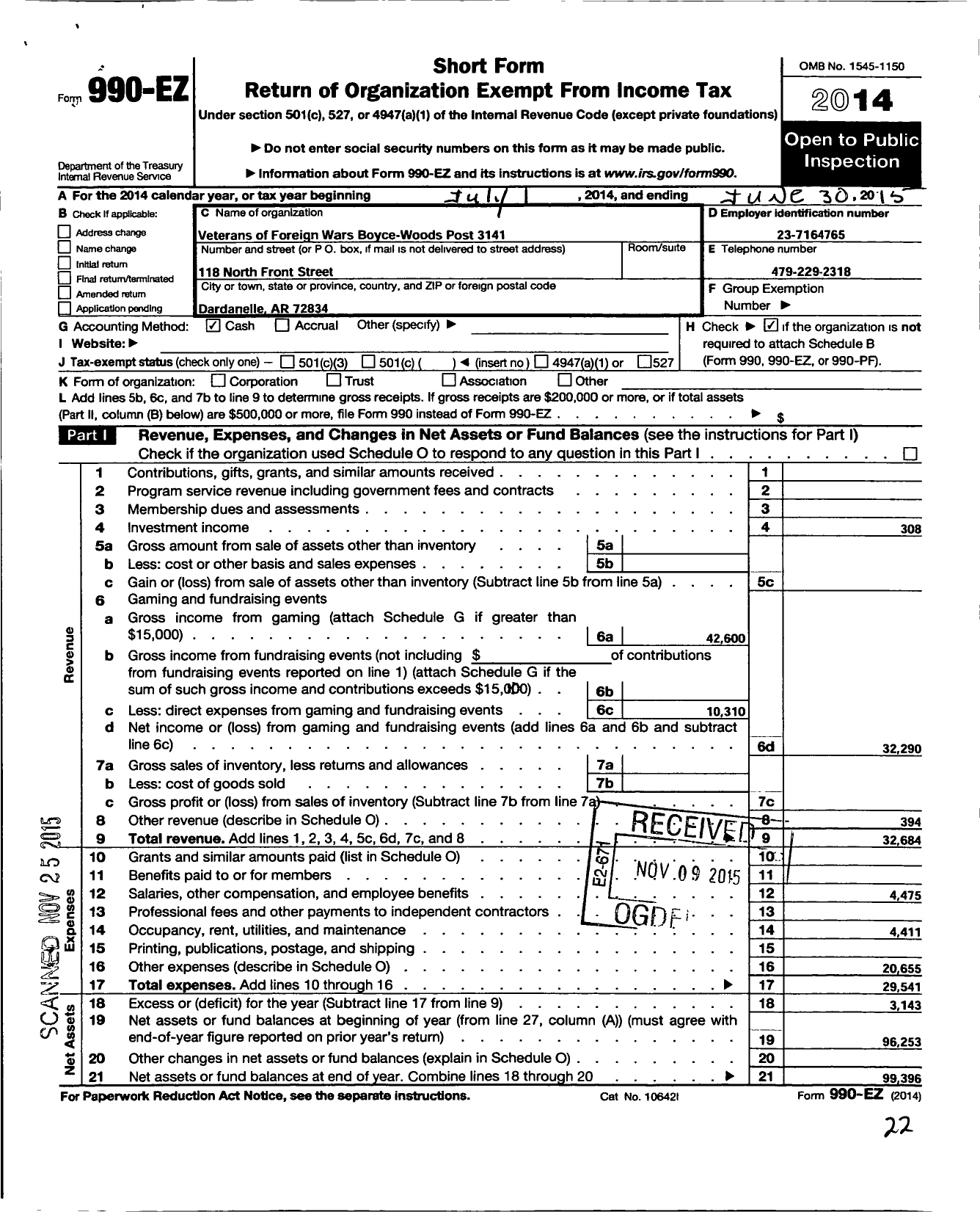 Image of first page of 2014 Form 990EO for Veterans of Foreign Wars Department of Arkansas - 3141 Boyce-Wood