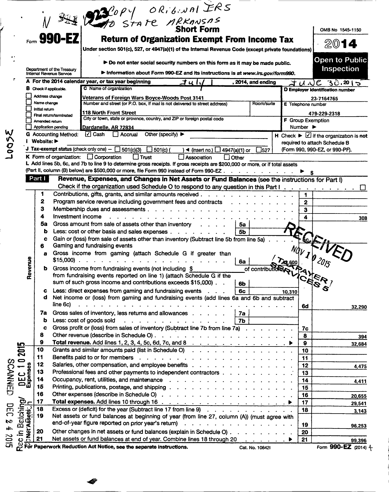 Image of first page of 2014 Form 990EO for Veterans of Foreign Wars Department of Arkansas - 3141 Boyce-Wood