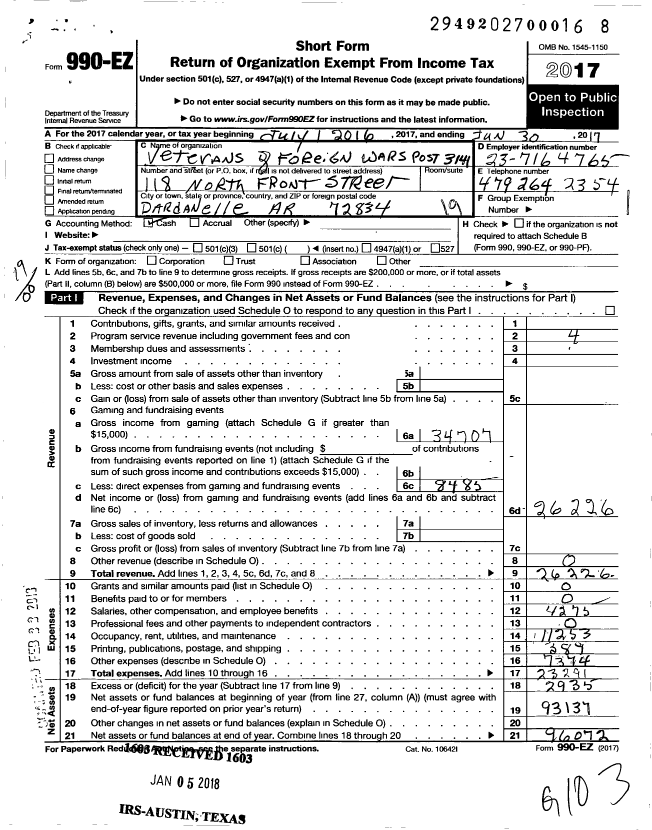 Image of first page of 2016 Form 990EO for Veterans of Foreign Wars Department of Arkansas - 3141 Boyce-Wood