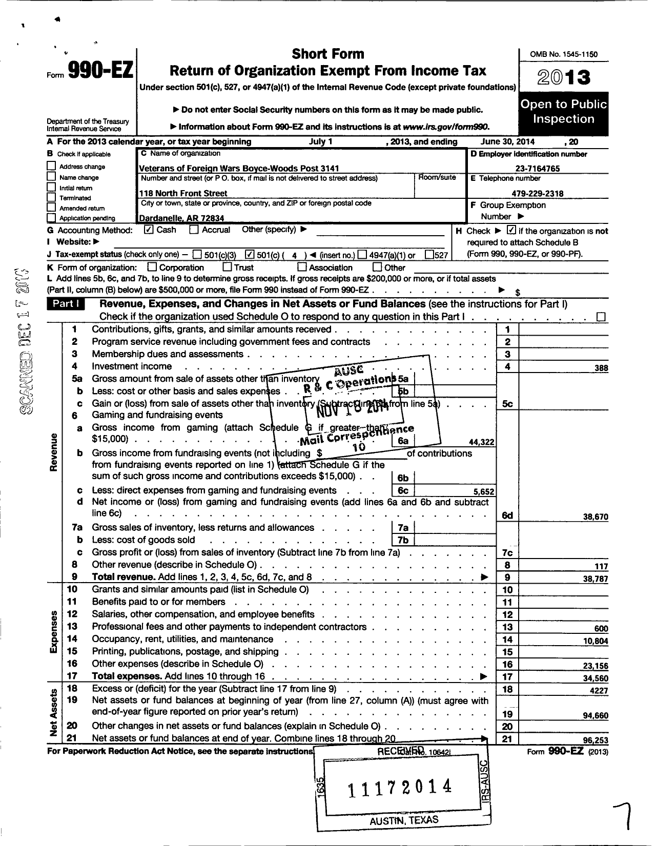 Image of first page of 2013 Form 990EO for Veterans of Foreign Wars Department of Arkansas - 3141 Boyce-Wood