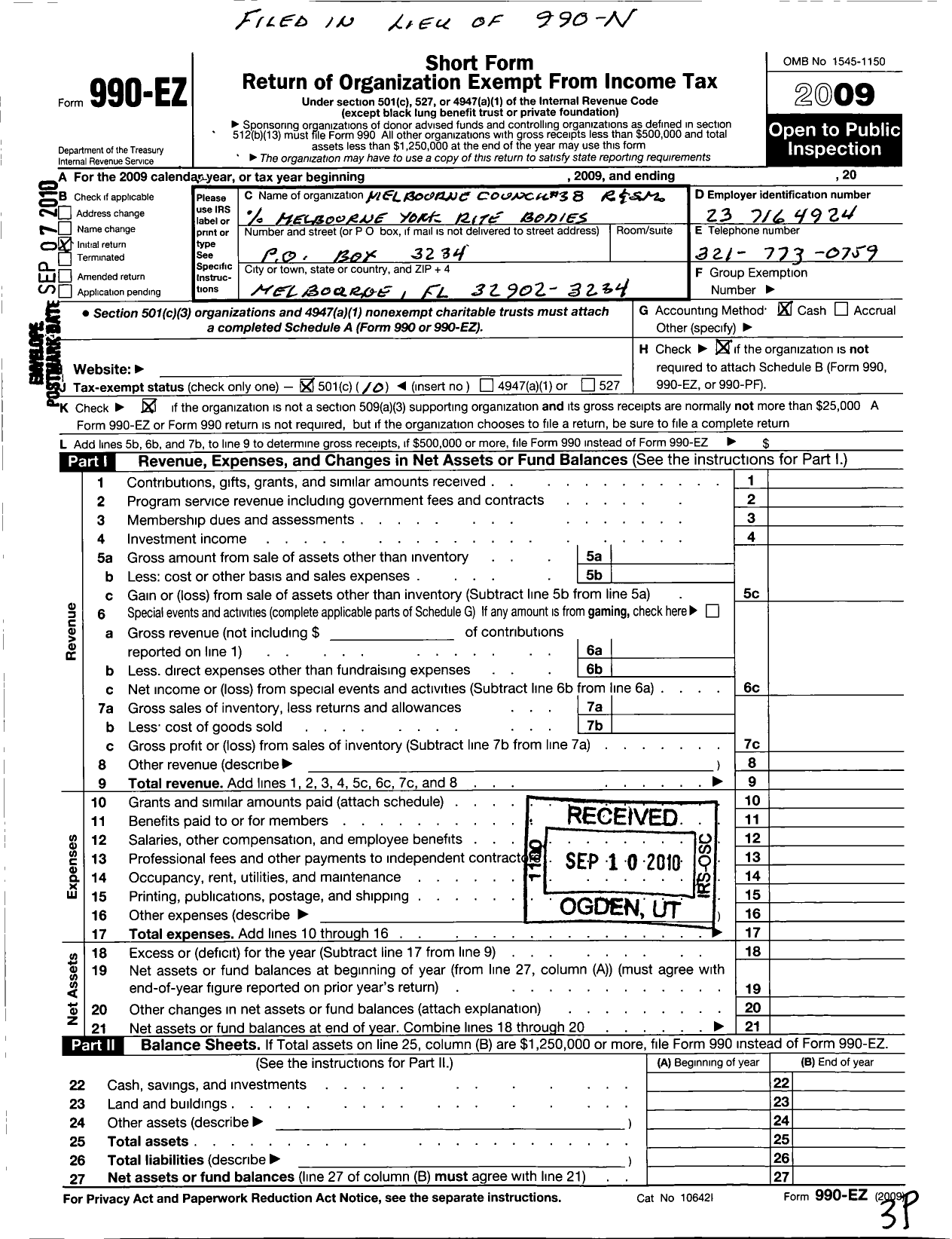 Image of first page of 2009 Form 990EO for Royal Arch Masons of Florida - 59 Melbourne