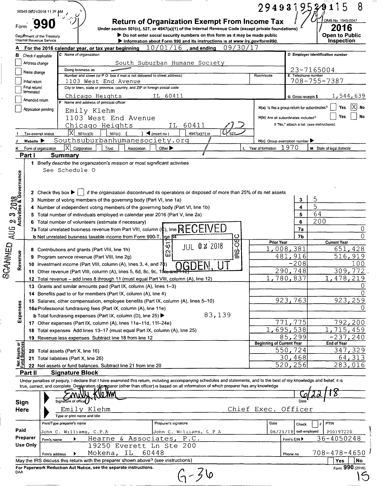 Image of first page of 2016 Form 990 for South Suburban Humane Society