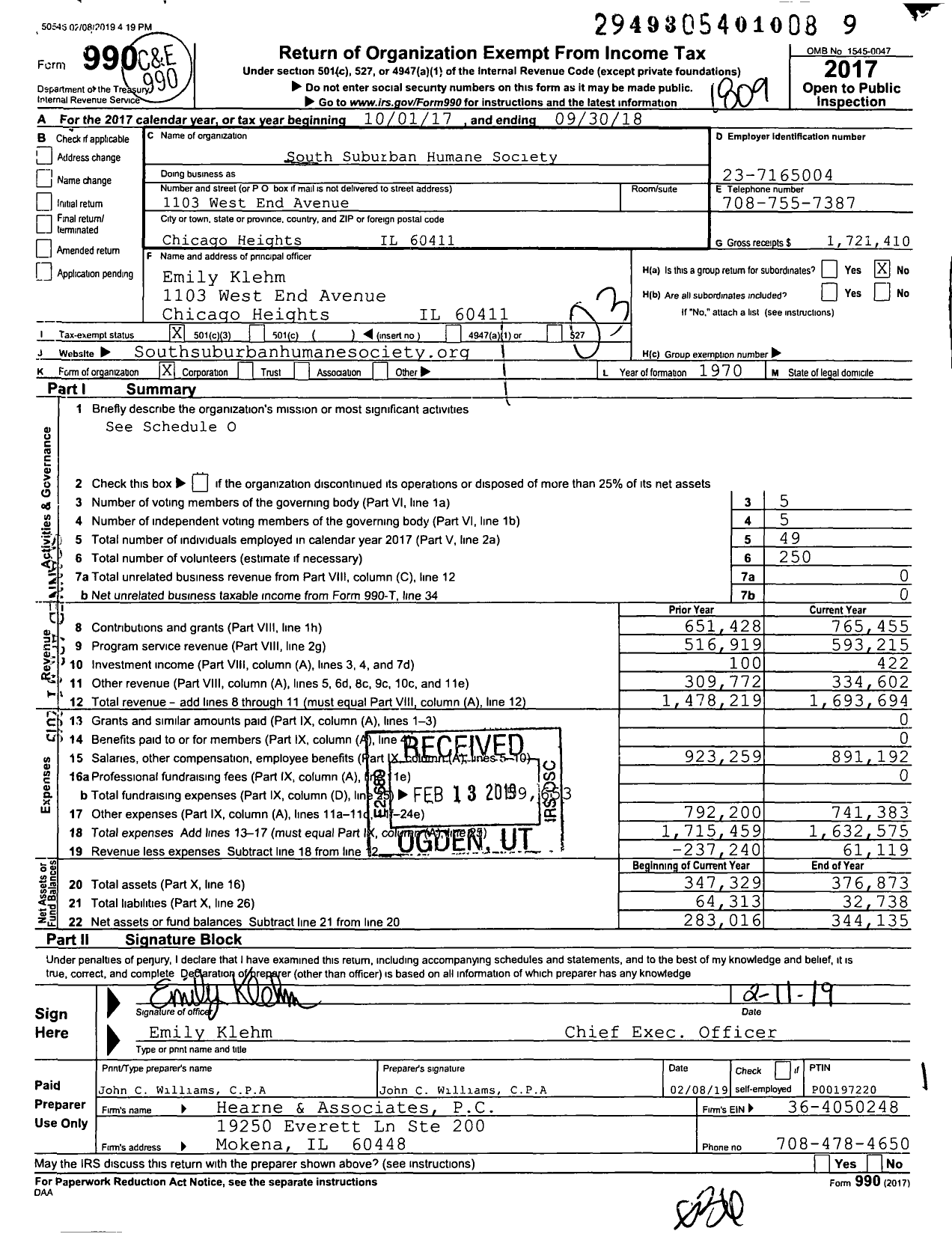Image of first page of 2017 Form 990 for South Suburban Humane Society