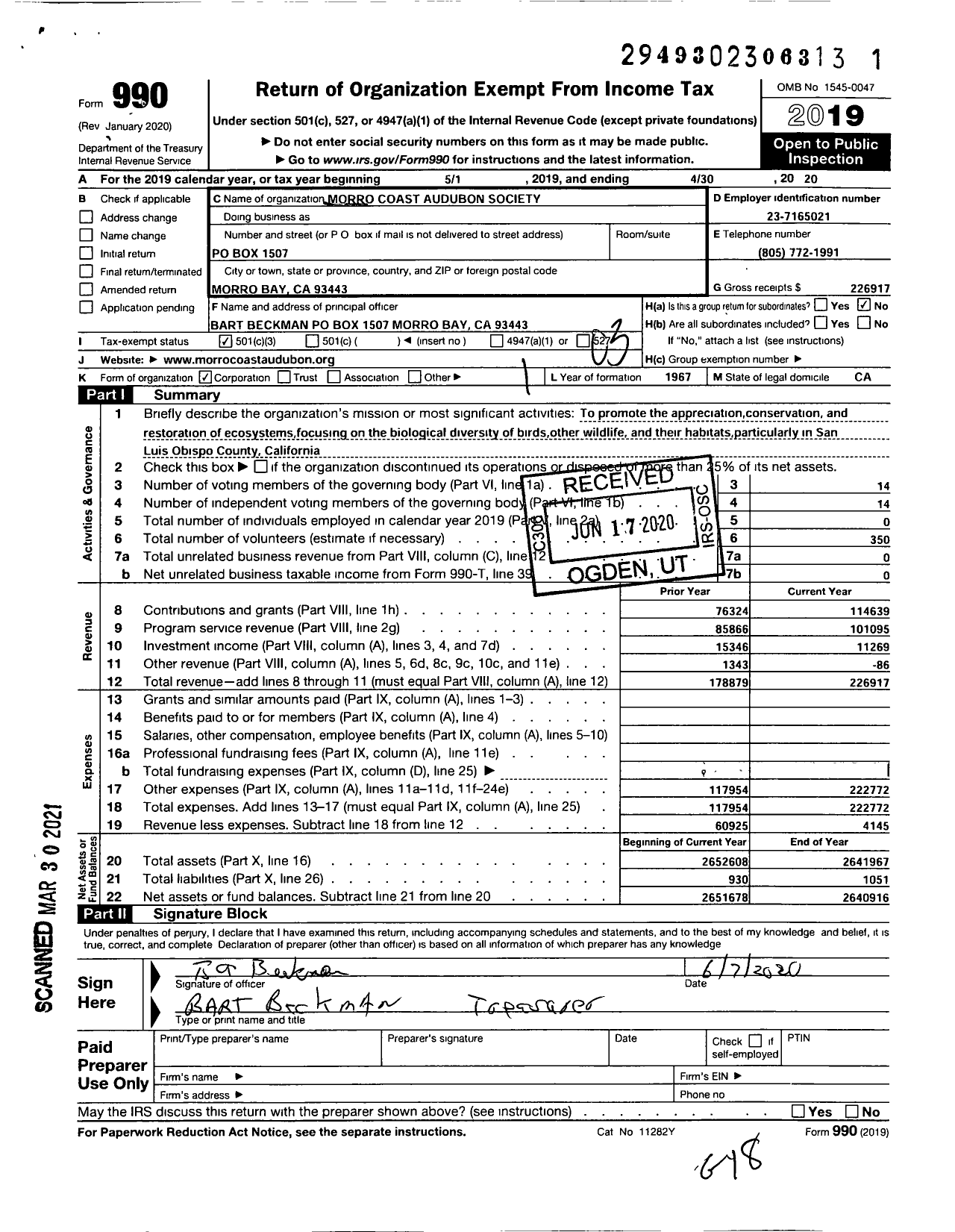 Image of first page of 2019 Form 990 for Morro Coast Audubon Society