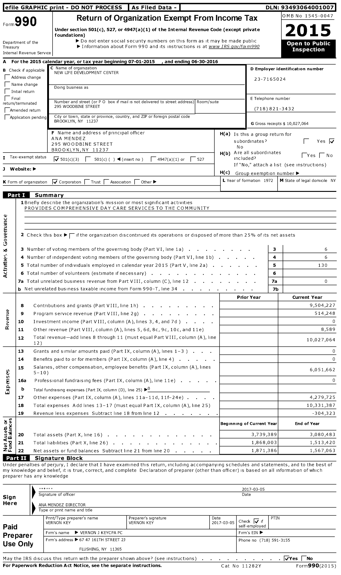 Image of first page of 2015 Form 990 for New Life Child Development Center