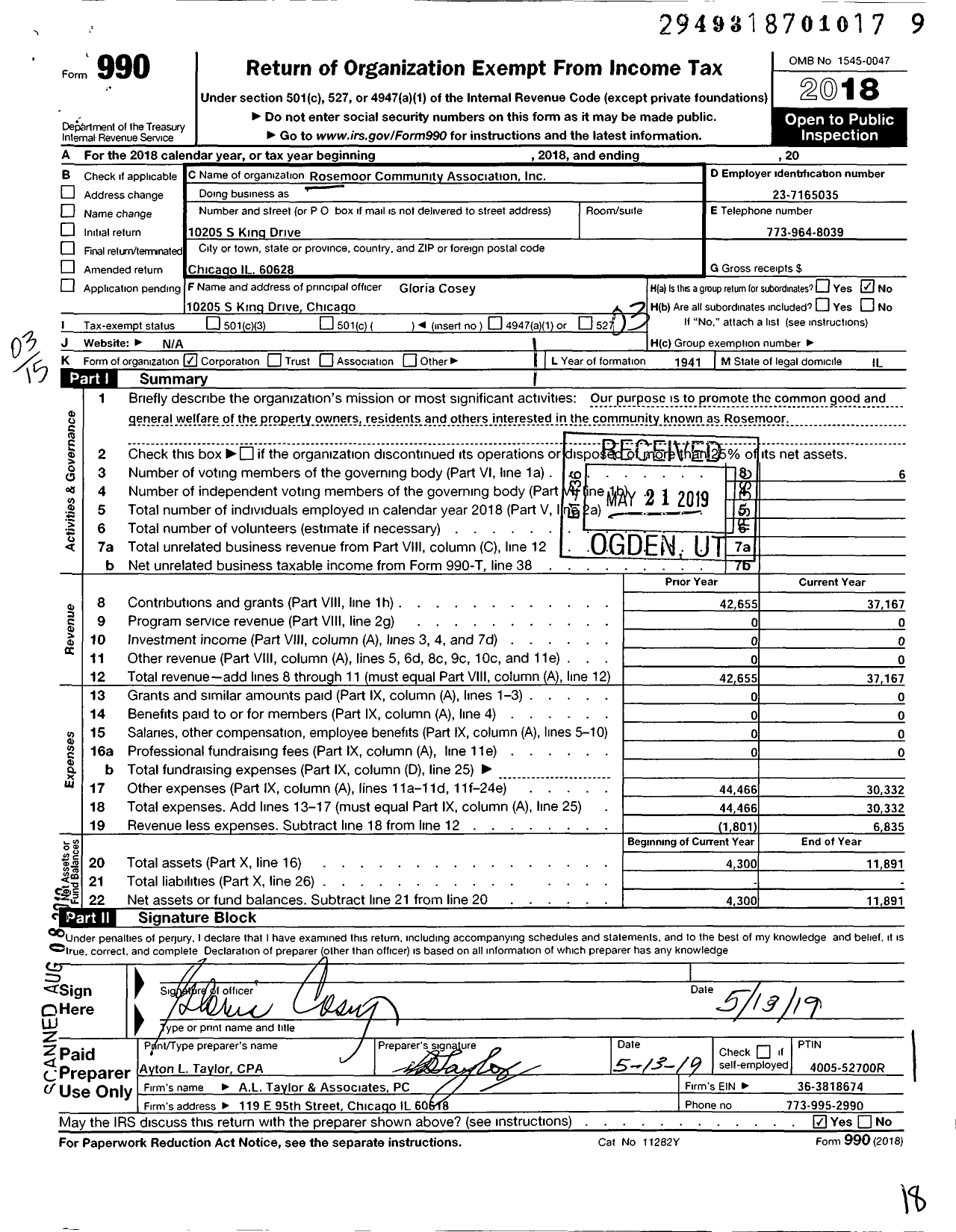 Image of first page of 2018 Form 990 for Rosemoor Community Association