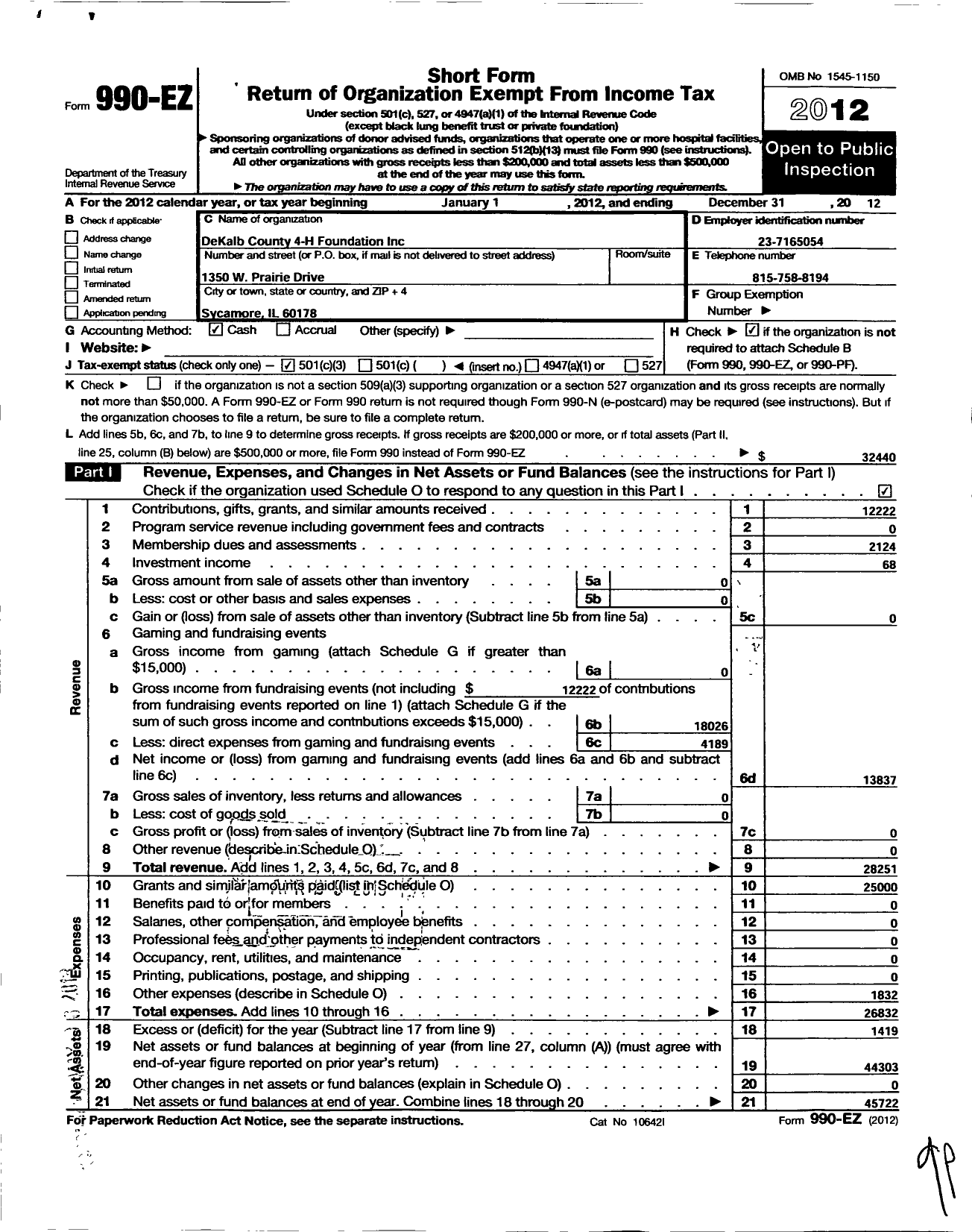 Image of first page of 2012 Form 990EZ for Dekalb County 4-H Foundation