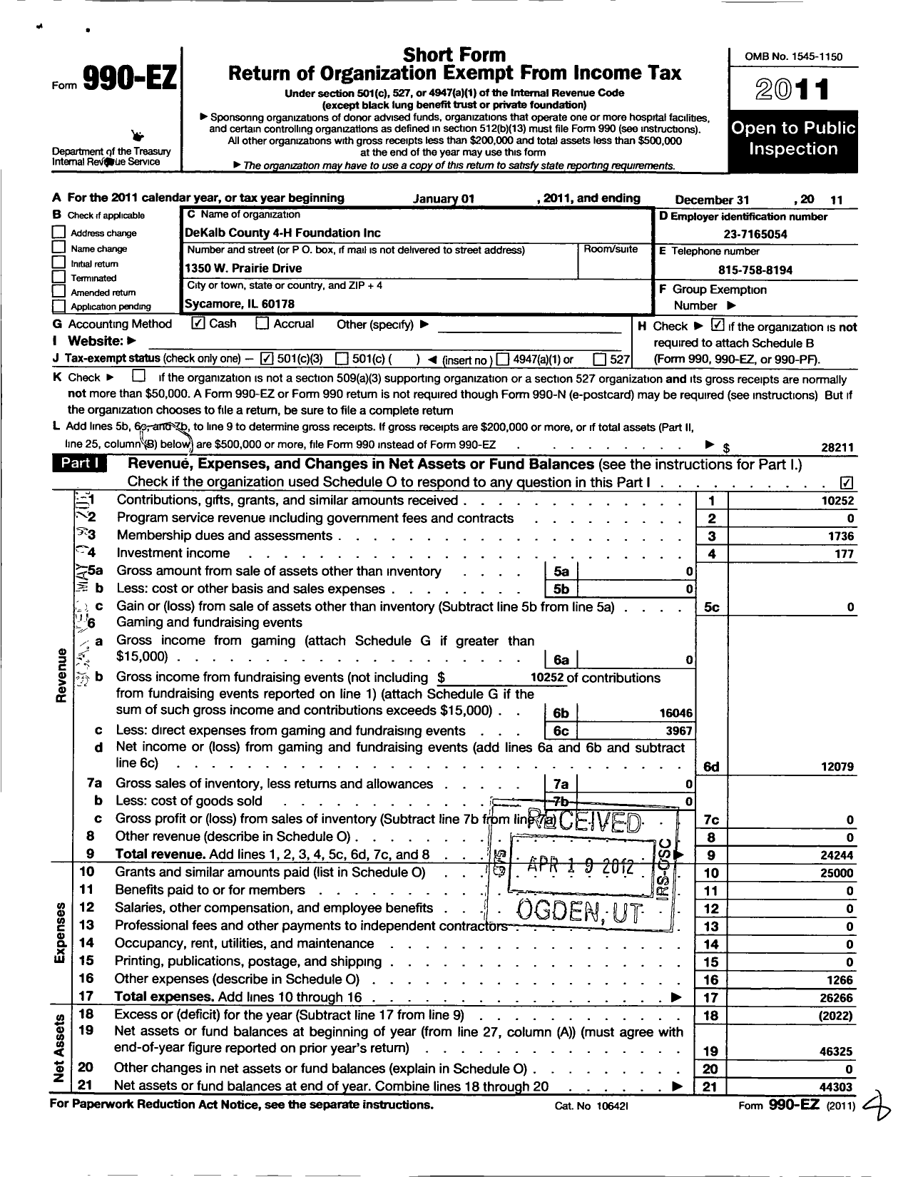 Image of first page of 2011 Form 990EZ for Dekalb County 4-H Foundation