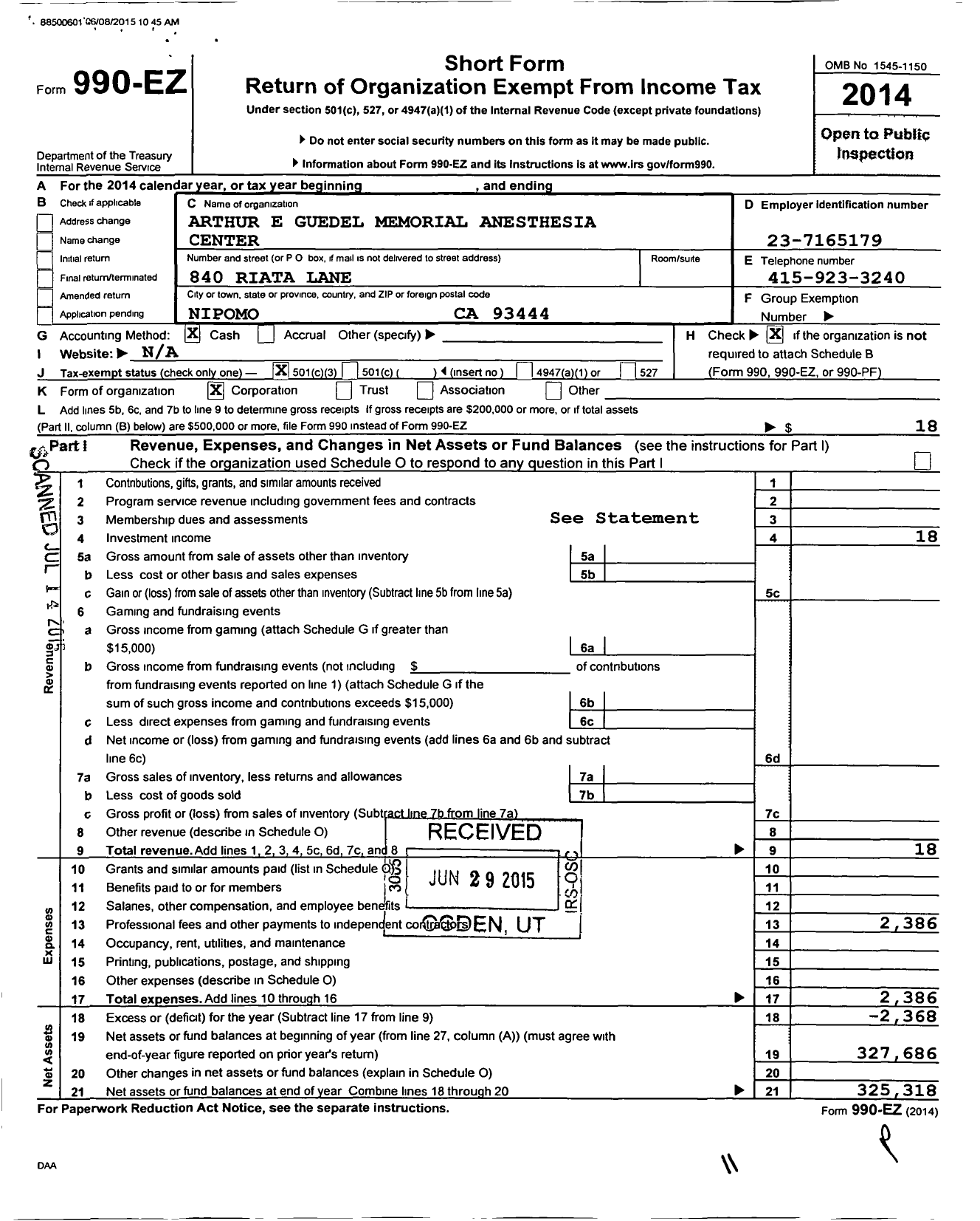 Image of first page of 2014 Form 990EZ for Arthur E Guedel Memorial Anesthesia Center