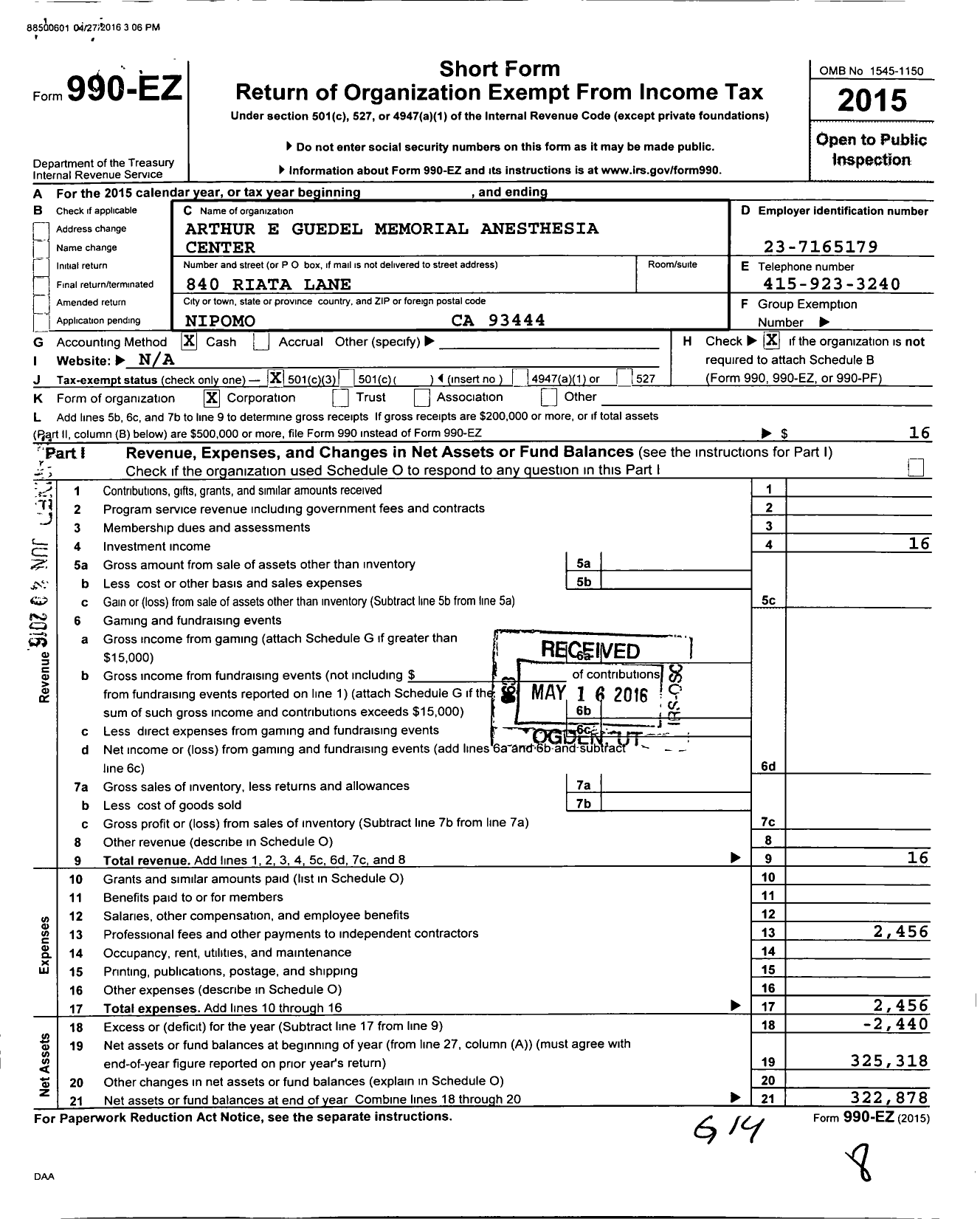 Image of first page of 2015 Form 990EZ for Arthur E Guedel Memorial Anesthesia Center