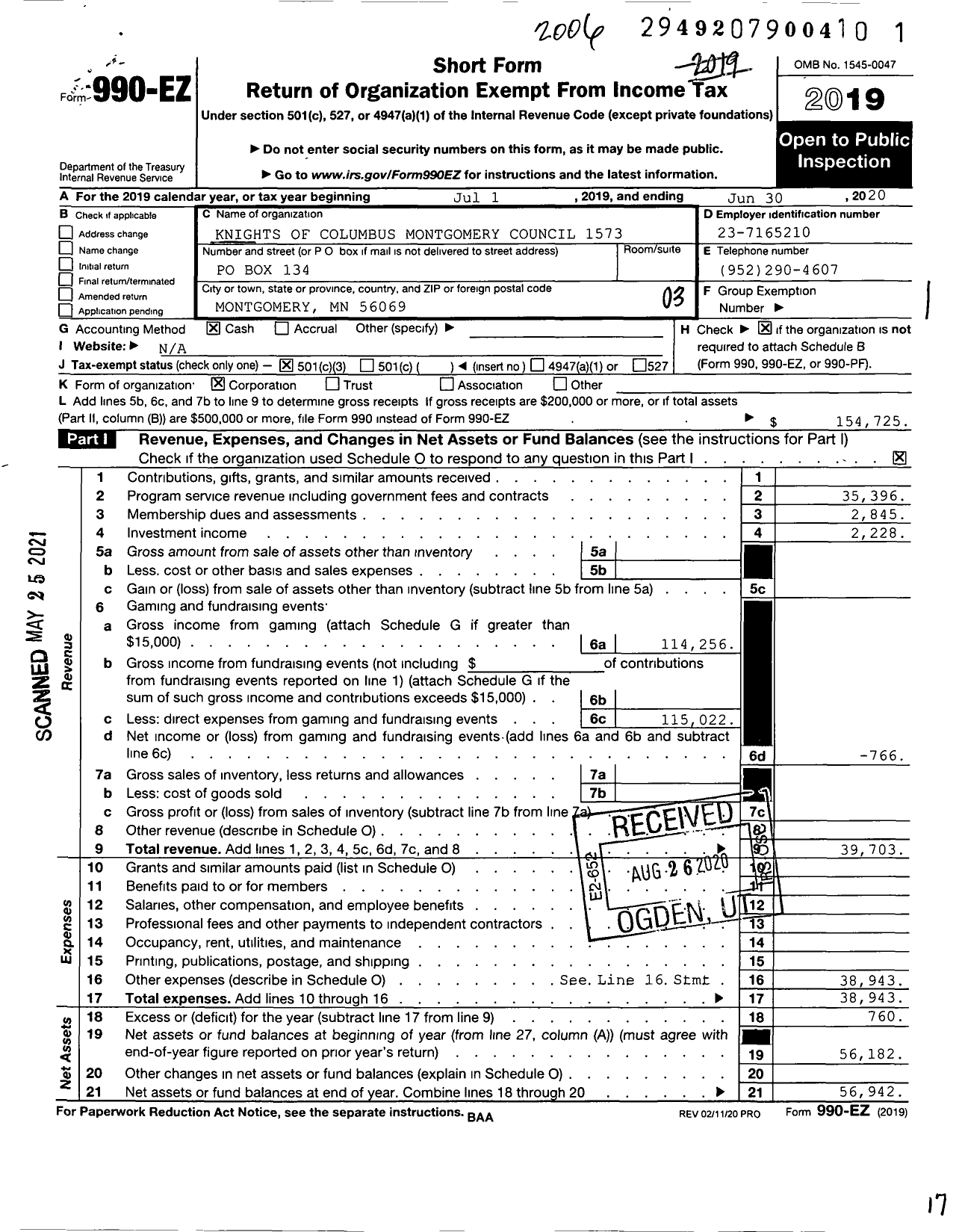 Image of first page of 2019 Form 990EZ for Knights of Columbus - 1573 Montgomery Council