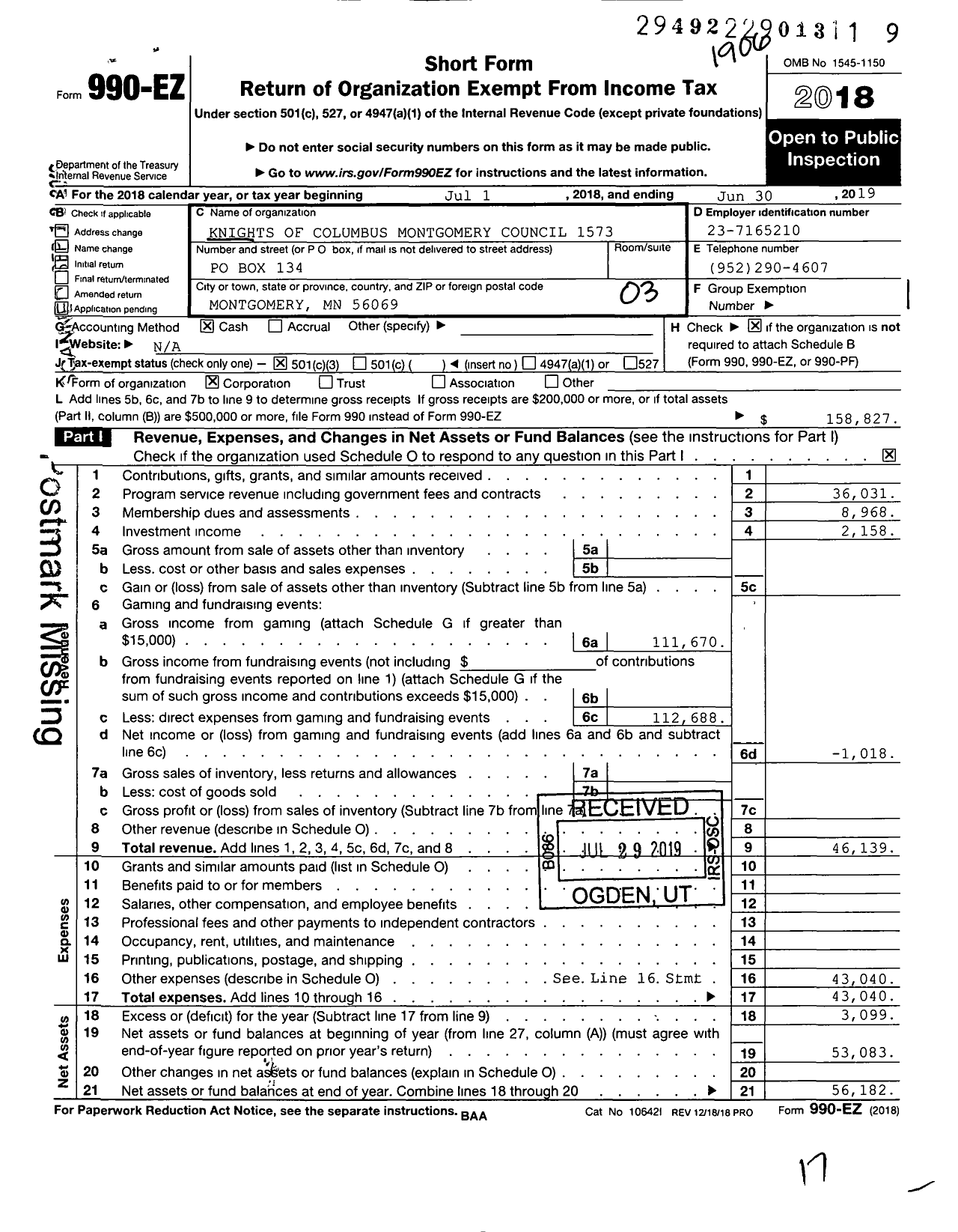 Image of first page of 2018 Form 990EZ for Knights of Columbus - 1573 Montgomery Council