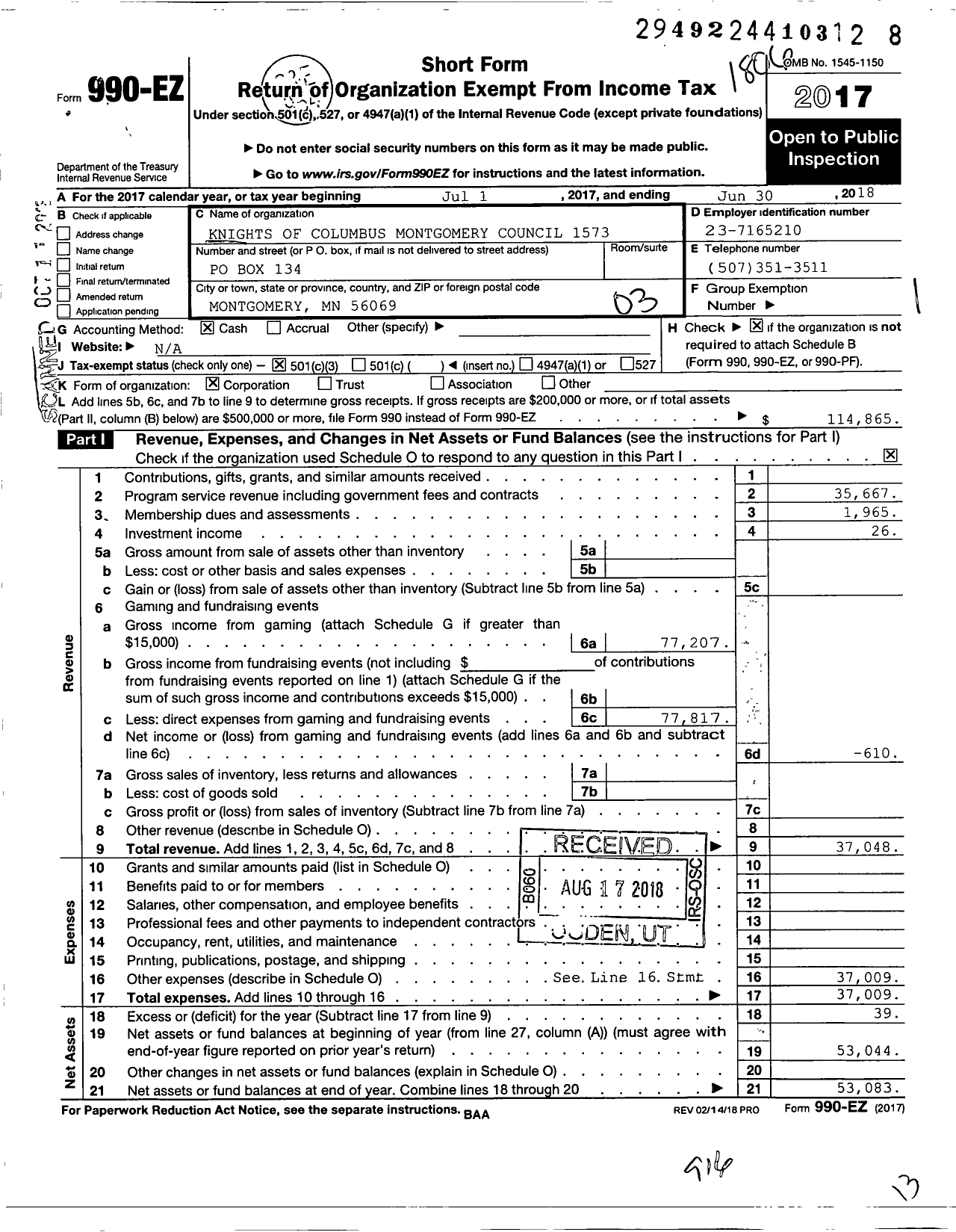 Image of first page of 2017 Form 990EZ for Knights of Columbus - 1573 Montgomery Council