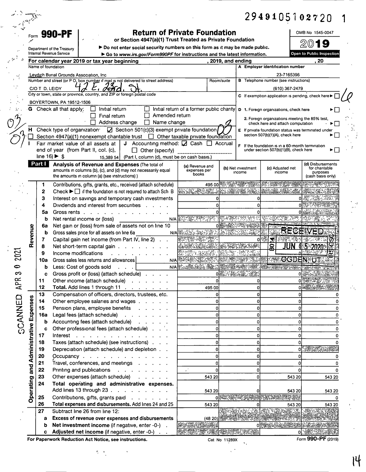 Image of first page of 2019 Form 990PF for Leydich Burial Grounds Association