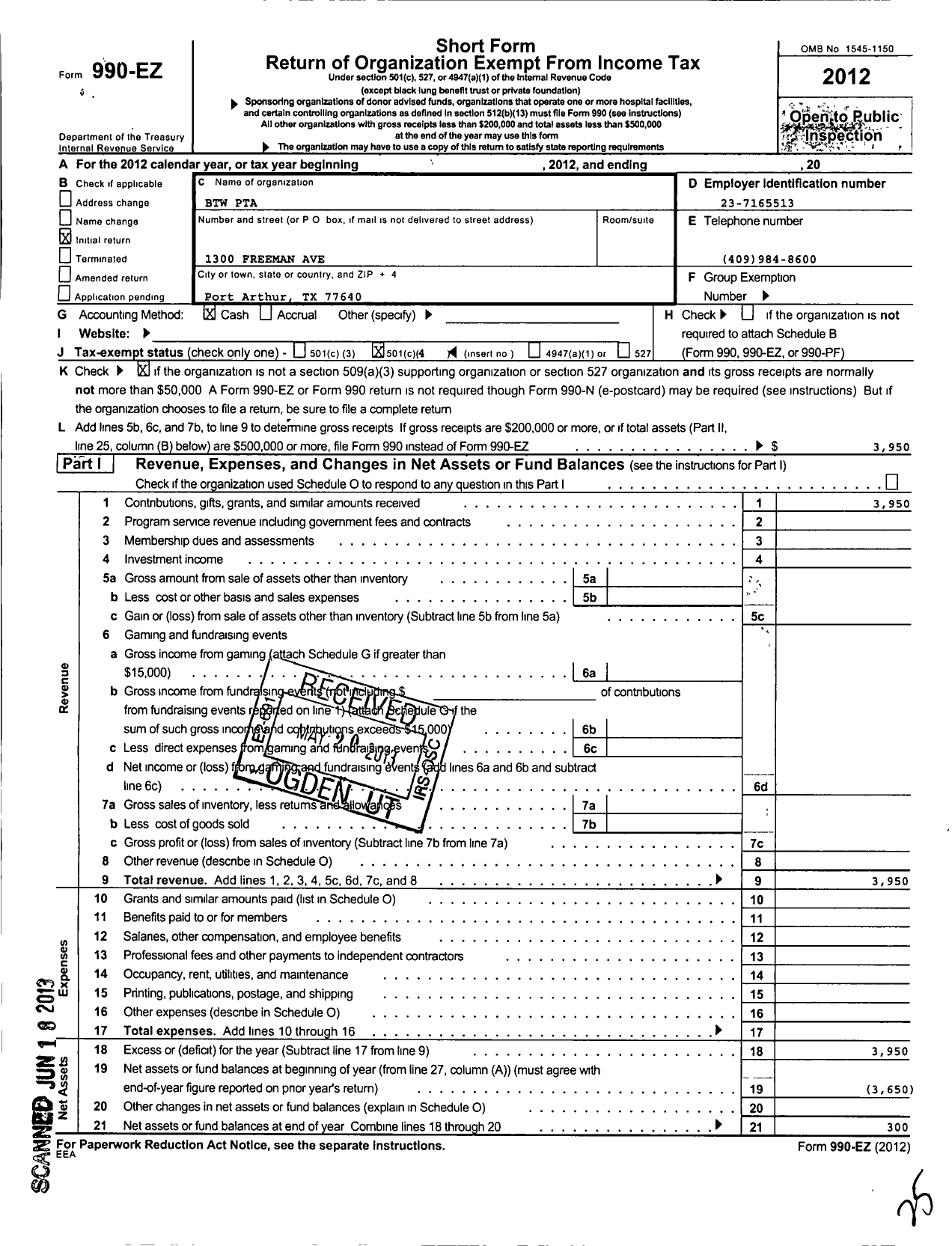 Image of first page of 2012 Form 990EO for Booker T Washington Parent Teacher Association