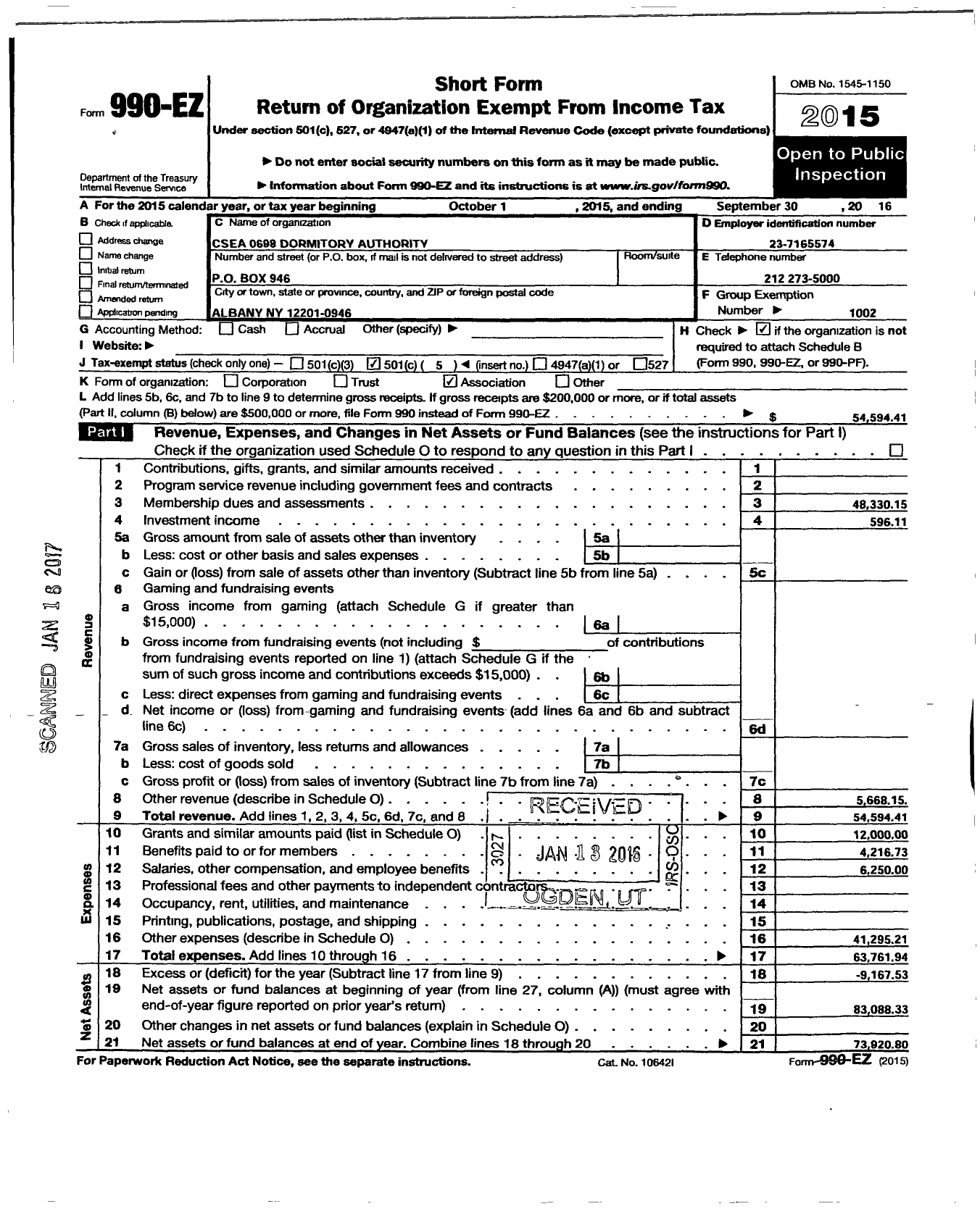 Image of first page of 2015 Form 990EO for Civil Service Employees Association - 0698 Dormitory Authority